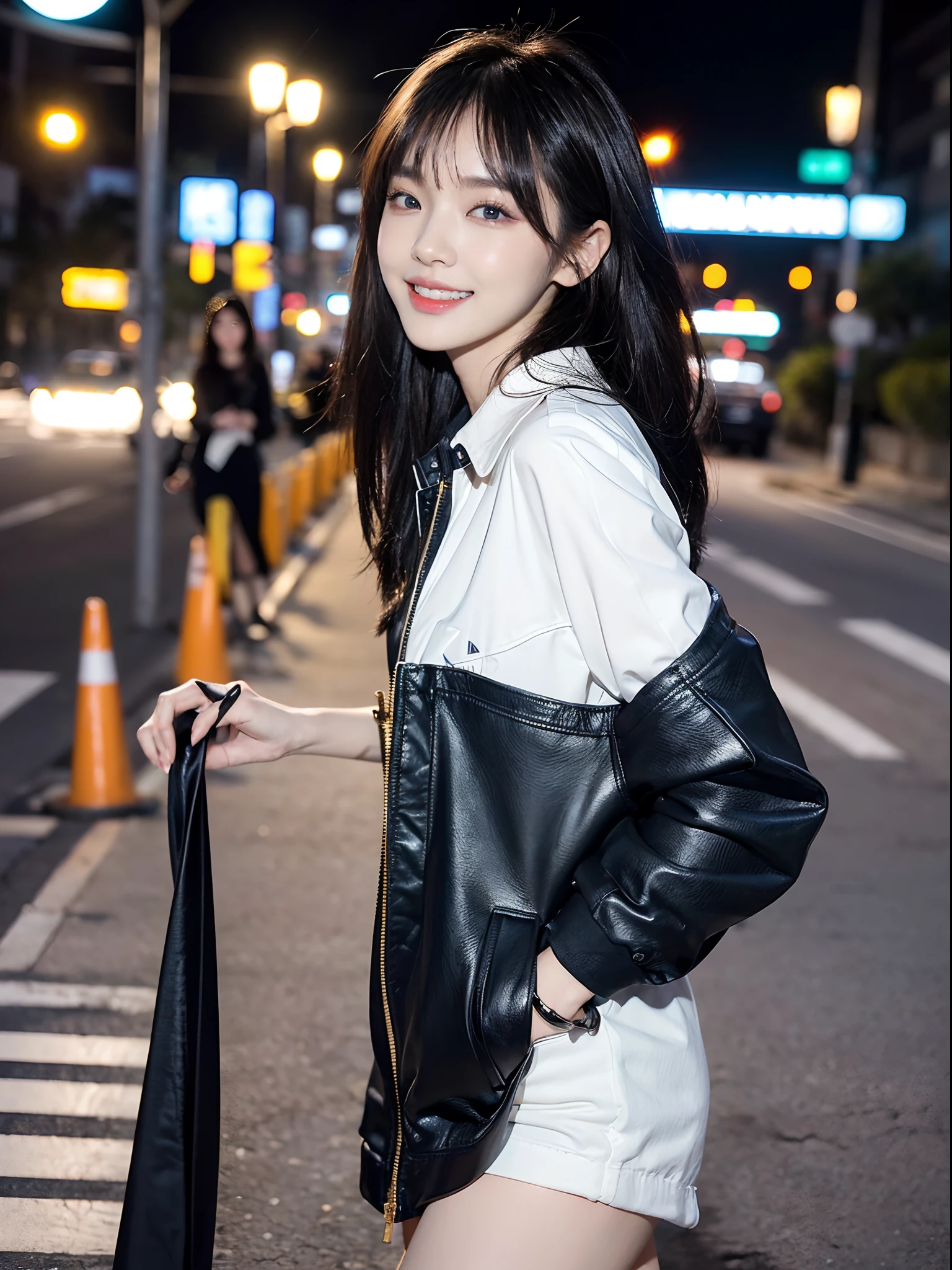 ((4K works))、masterpiece、(top-quality)、1 beutiful girl、Slim body、((Attractive clothes in black and white))、(Detailed beautiful eyes)、Walking together on the road at night、Face similar to Carly Rae Jepsen、((Boyish Gold Medium Hair))、((Smaller face))、((Neutral face))、((Bright blue eyes))、((American Women))、((Adult female 26 years old))、((cool lady))、((There are celebrities))、((looking happy smile))、((Korean Makeup))、((elongated and sharp eyes))、((Girlfriend enjoying happy date))、((boyish))、((She is walking in front of the viewer))、((Shot from the top of the face))、((Shot diagonally from the side))