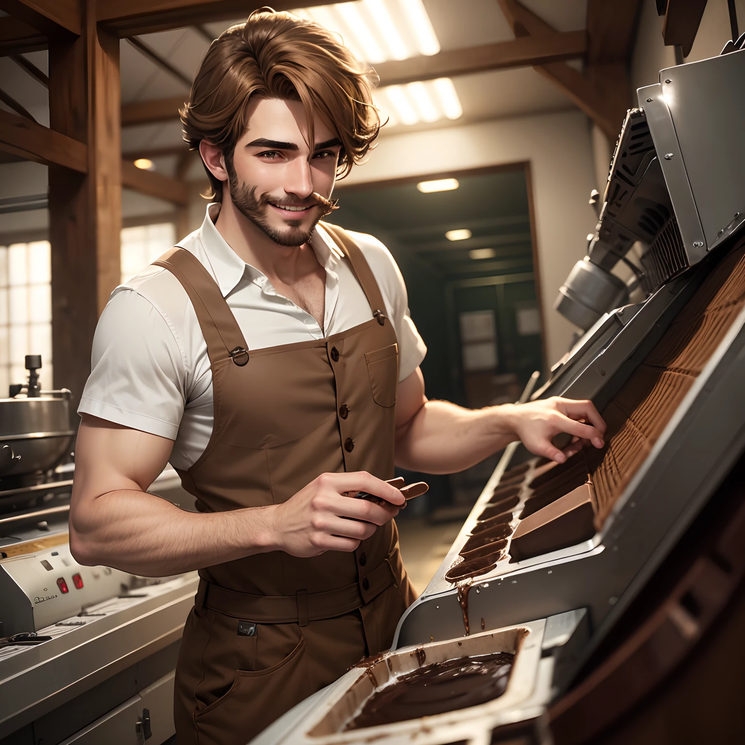 Light brown-haired man in a chocolate factory, operating a machine, tem olhos verdes, is smiling, tem bigode, cerca de 24 anos, camisa branca, , anime, animacao realista