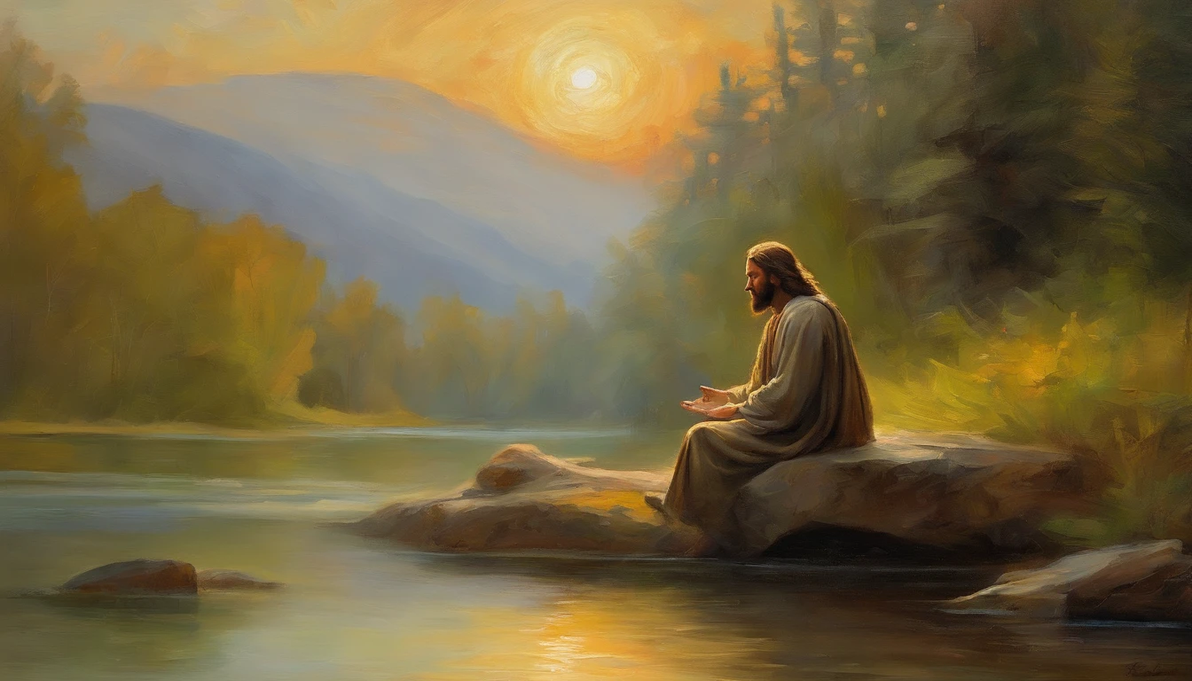 Jesus, A peaceful and serene outdoor scene of Jesus sitting on a rock by a tranquil lake surrounded by nature with a warm golden light shining down on him. His face is calm and meditative as he looks out towards the horizon. The colors are earthy and natural, with soft blues and greens for the water and sky. Atmosphere is serene and peaceful, perfect for meditation or introspection. Style: oil painting. Artists: Leonardo da Vinci, Michelangelo.