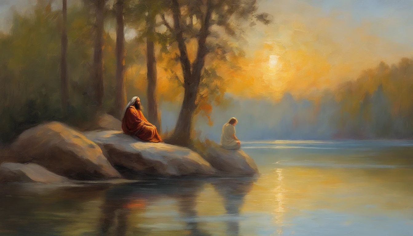 Jesus, A peaceful and serene outdoor scene of Jesus sitting on a rock by a tranquil lake surrounded by nature with a warm golden light shining down on him. His face is calm and meditative as he looks out towards the horizon. The colors are earthy and natural, with soft blues and greens for the water and sky. Atmosphere is serene and peaceful, perfect for meditation or introspection. Style: oil painting. Artists: Leonardo da Vinci, Michelangelo.