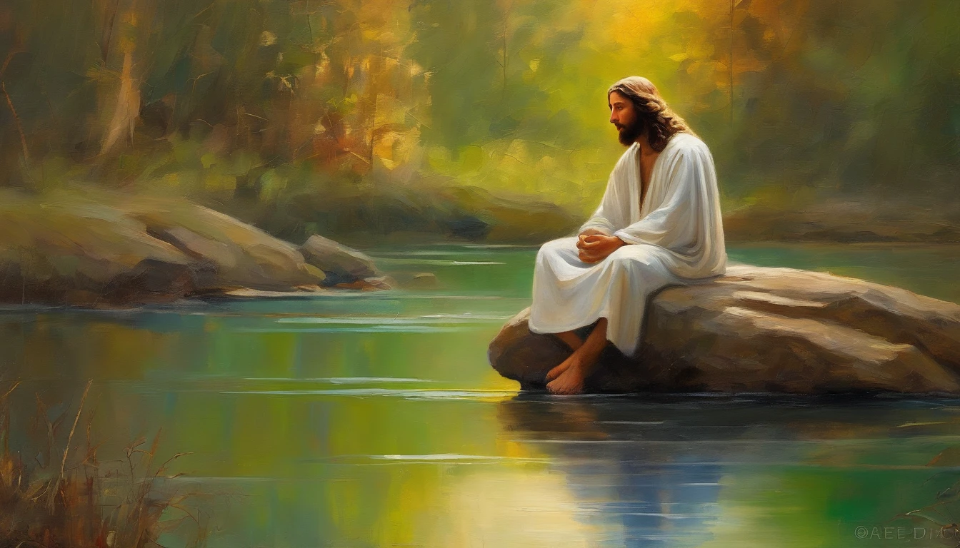 Jesus, A peaceful and serene outdoor scene of Jesus sitting on a rock by a tranquil lake surrounded by nature with a warm golden light shining down on him. His face is calm and meditative as he looks out towards the horizon. The colors are earthy and natural, with soft blues and greens for the water and sky. Atmosphere is serene and peaceful, perfect for meditation or introspection. Style: oil painting. Artists: Leonardo da Vinci, Michelangelo.