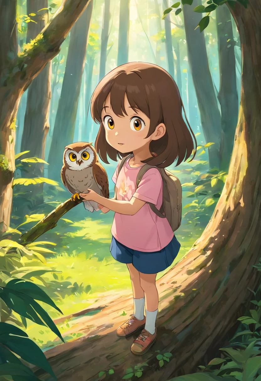 Certainly, let's make the prompt even more specific:
"Generate a highly detailed and realistic image that portrays the following scene:
- A young girl, approximately 8 , with shoulder-length brown hair, wearing a pink t-shirt and denim shorts.
- The girl is standing in a lush, sunlit forest clearing.
- She is holding a banana peel in her right hand and is looking directly at an owl.
- The owl, a standard brown owl with a white chest, is perched on a thick tree branch approximately 5 meters away from the girl.
- The tree itself is an oak tree with dark, textured bark and vibrant green leaves.
- The lighting should be warm and natural, with dappled sunlight filtering through the tree canopy, creating soft shadows on the forest floor.
- The girl's expression should convey curiosity and wonder, and her brown eyes should be clearly visible.
- The owl's eyes should be sharp and attentive, reflecting the intrigue of the banana peel.
- The banana peel should appear partially eaten, with visible teeth marks and a texture that resembles a real banana peel.
- The background should be a blurred forest landscape, creating a sense of depth and immersion.
- The overall atmosphere should be tranquil and inviting, capturing the magic of a forest encounter.
Please ensure that the image is of high quality, with attention to fine details and realistic textures. The girl and the owl should be the focal points of the scene, and their interaction should be the central theme of the image."