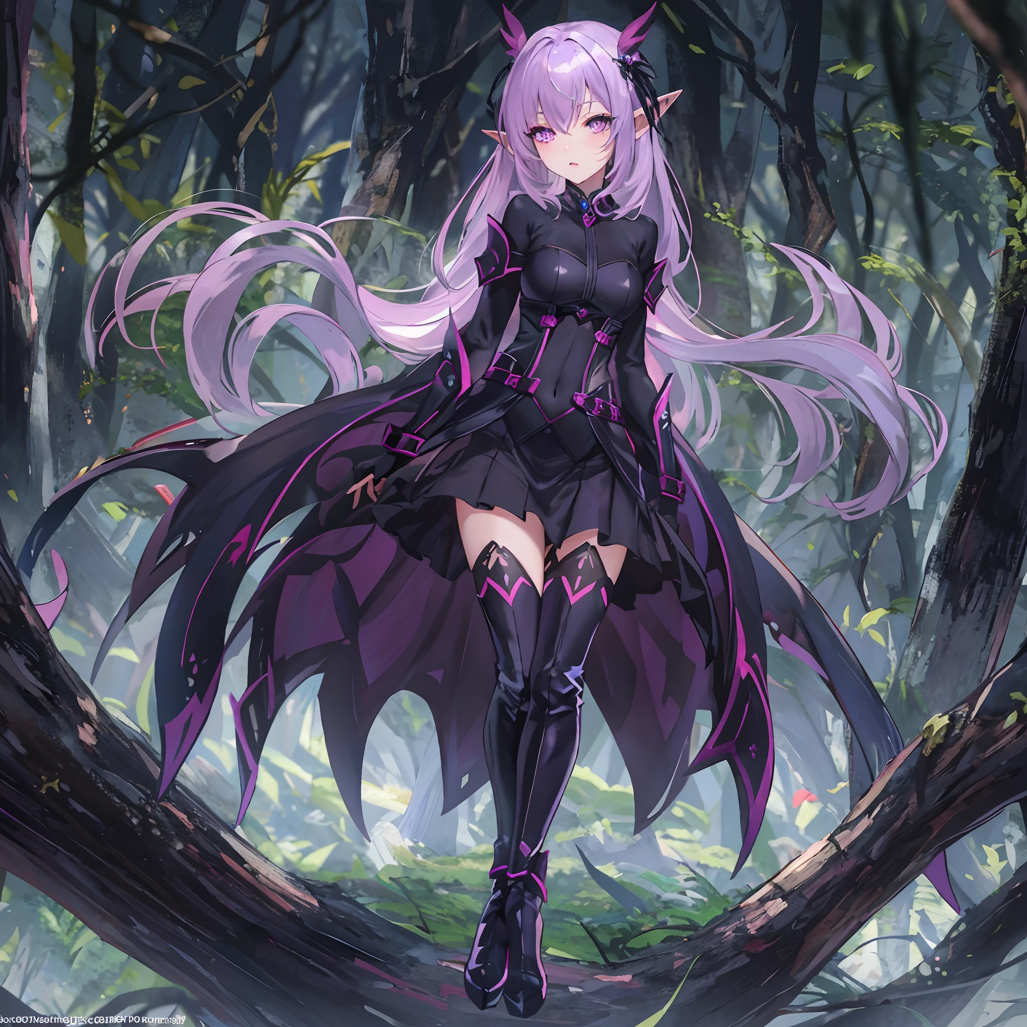 sharp focus, elf girl, purple hair, pink eyes/black pupils,dark forest, masterpiece, sexy pose, dark clothes, ass, black thigh high boots, from behind