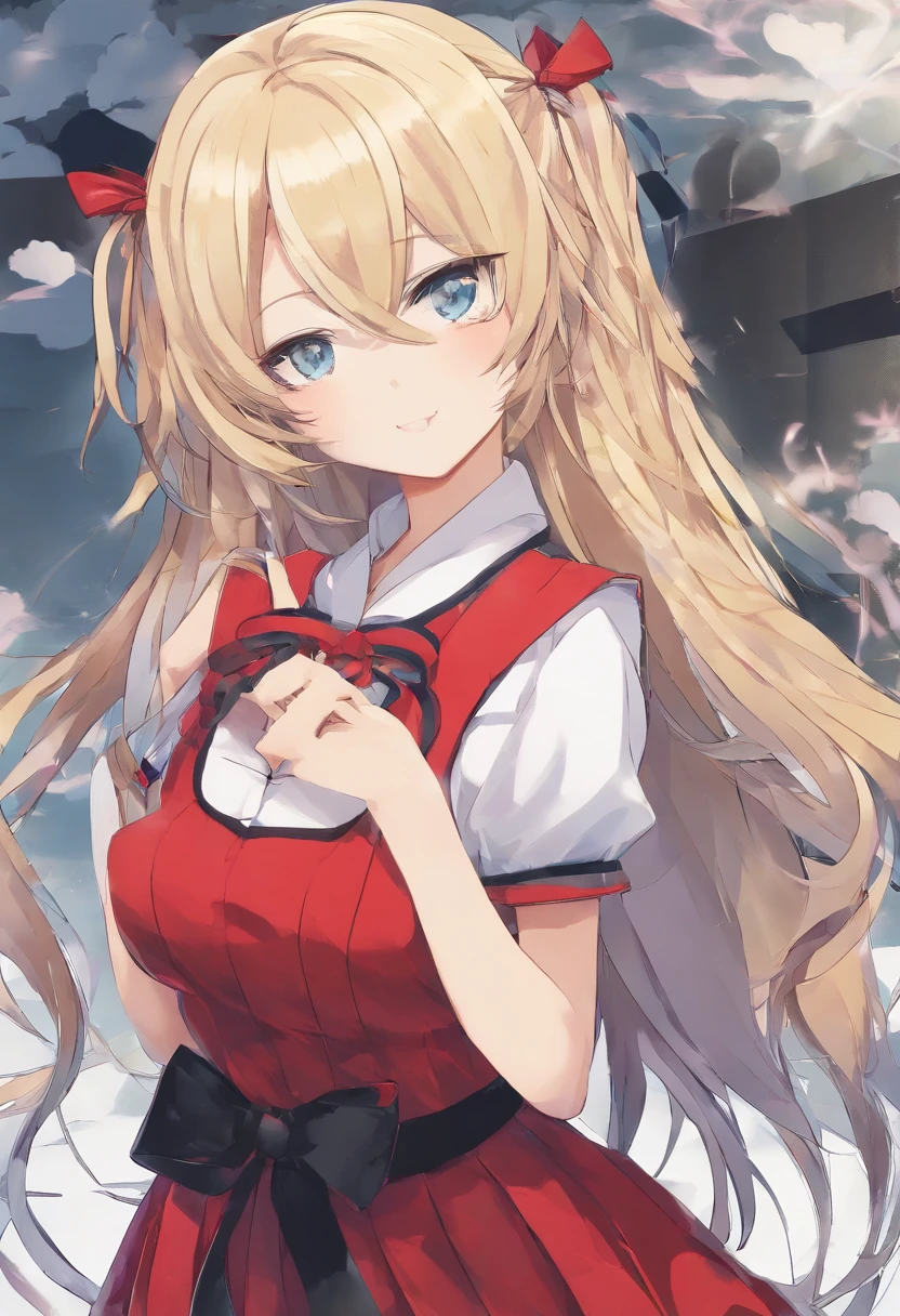 junko enoshima, blonde long hair, 1girl, twintails, solo, breasts, blue eyes, cleavage, collarbone, large breasts, bangs, blush, closed mouth, smirk, looking at viewer, upper body, bear hair ornament, nail polish, red nails, red bow, black shirt, underwear, choker, black bra, sleeves rolled up, white necktie, pleated plaid red skirt, school uniform, black cross-laced knee boots, shiny, shiny hair, botw style,