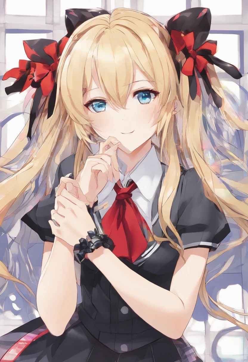 junko enoshima, blonde long hair, 1girl, twintails, solo, breasts, blue eyes, cleavage, collarbone, large breasts, bangs, blush, closed mouth, smirk, looking at viewer, upper body, bear hair ornament, nail polish, red nails, red bow, black shirt, underwear, choker, black bra, sleeves rolled up, white necktie, pleated plaid red skirt, school uniform, black cross-laced knee boots, shiny, shiny hair, botw style,