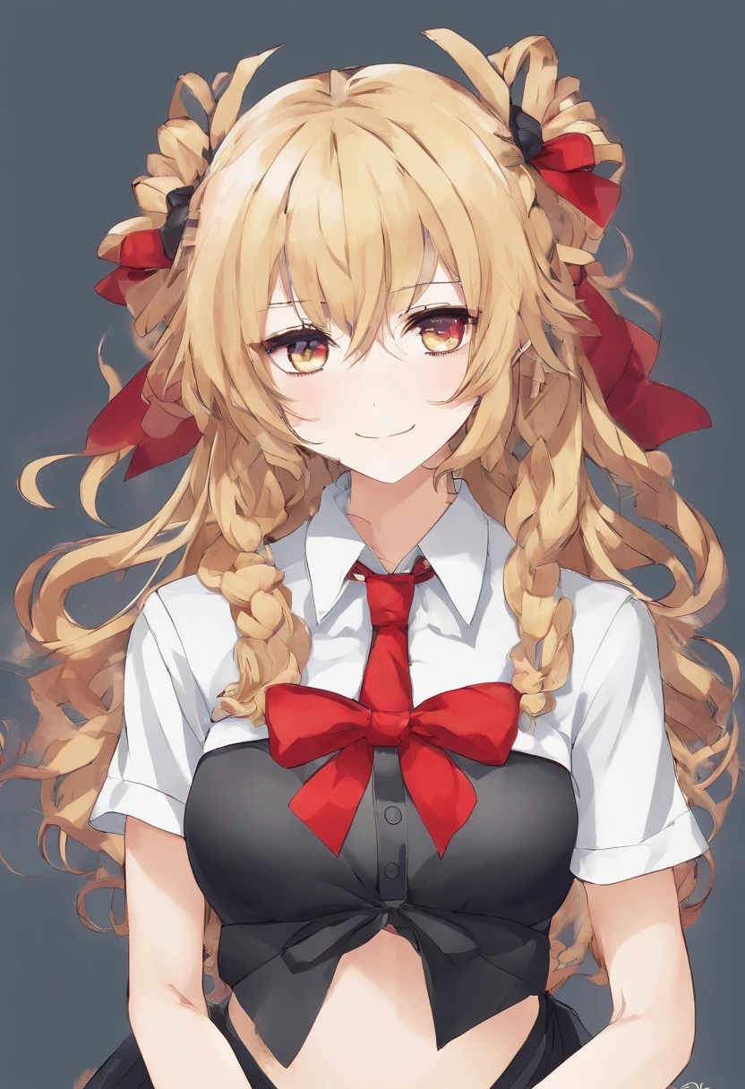 junko enoshima, blonde long hair, 1girl, twintails, solo, breasts, blue eyes, cleavage, collarbone, large breasts, bangs, blush, closed mouth, smirk, looking at viewer, upper body, bear hair ornament, nail polish, red nails, red bow, black shirt, underwear, choker, black bra, sleeves rolled up, white necktie, pleated plaid red skirt, school uniform, black cross-laced knee boots, shiny, shiny hair, botw style,