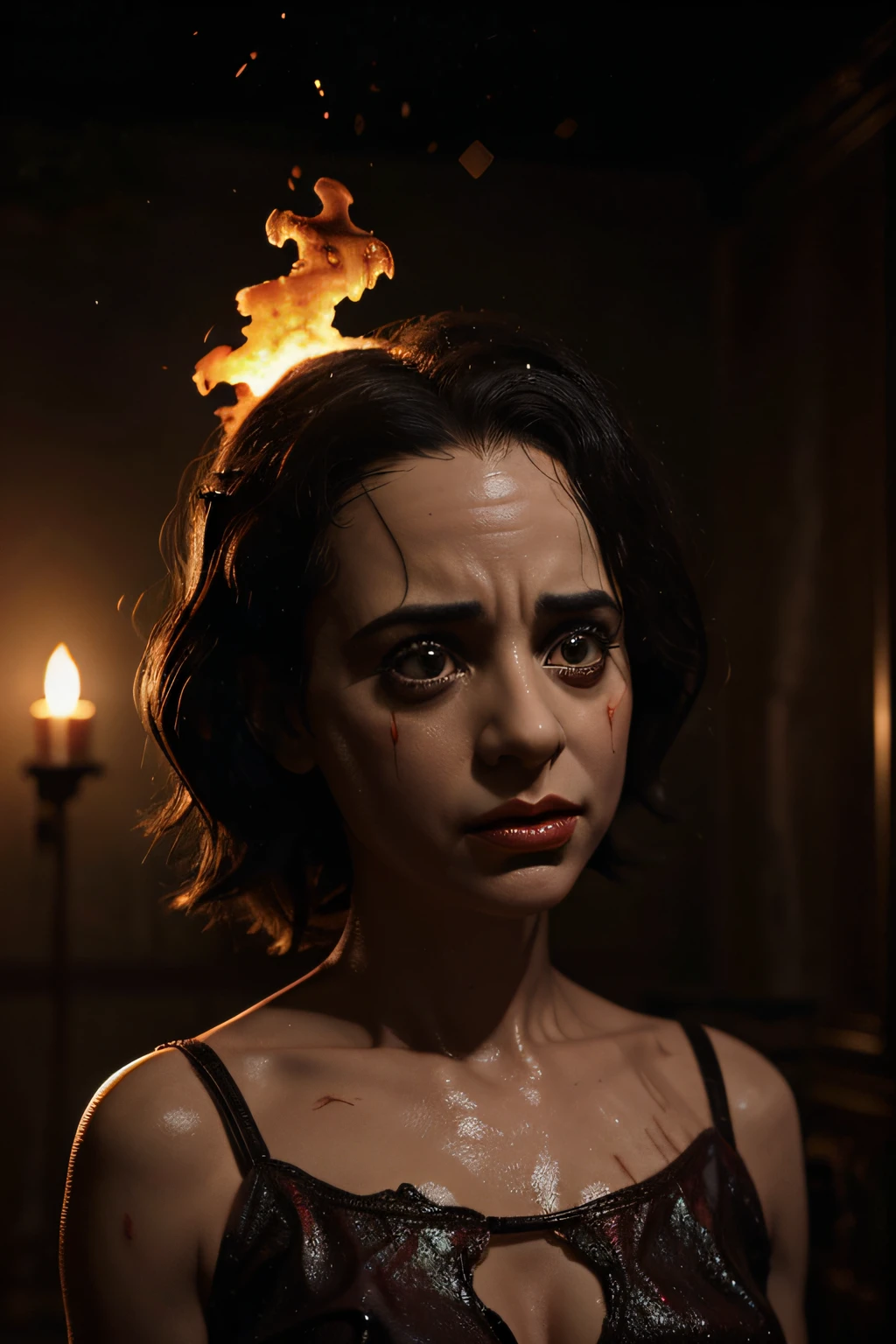 image wax figures in isolated horror scenes melting with intense heat, high temperature, realistic 3d style image art in tim burton style
