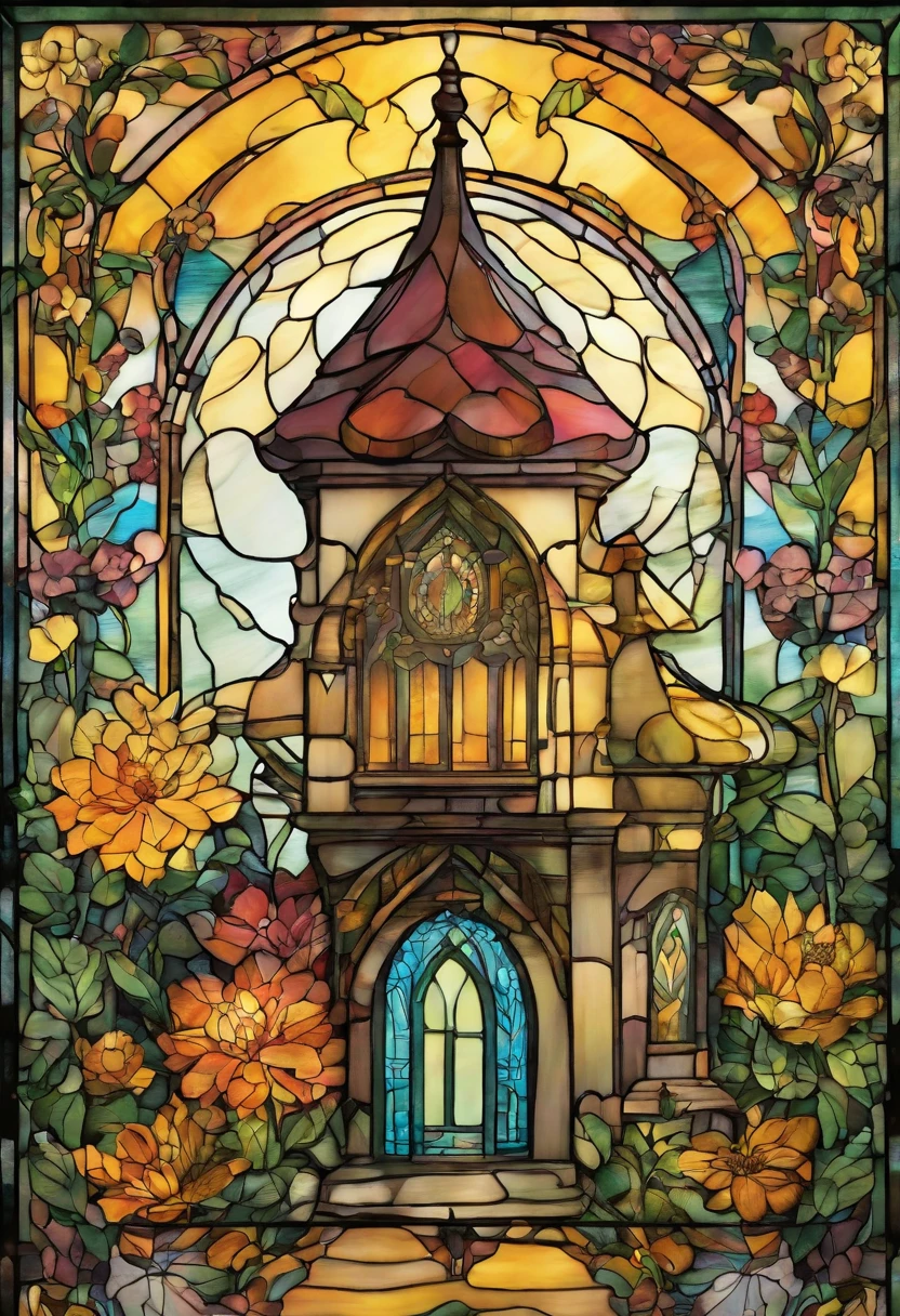 A mini fairy house with golden flowers with citcus flowers growing on the roof