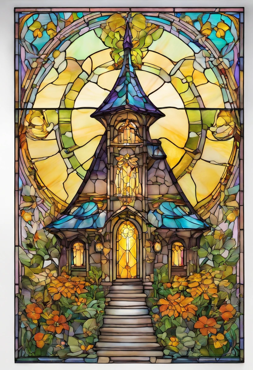 A mini fairy house with golden flowers with citcus flowers growing on the roof