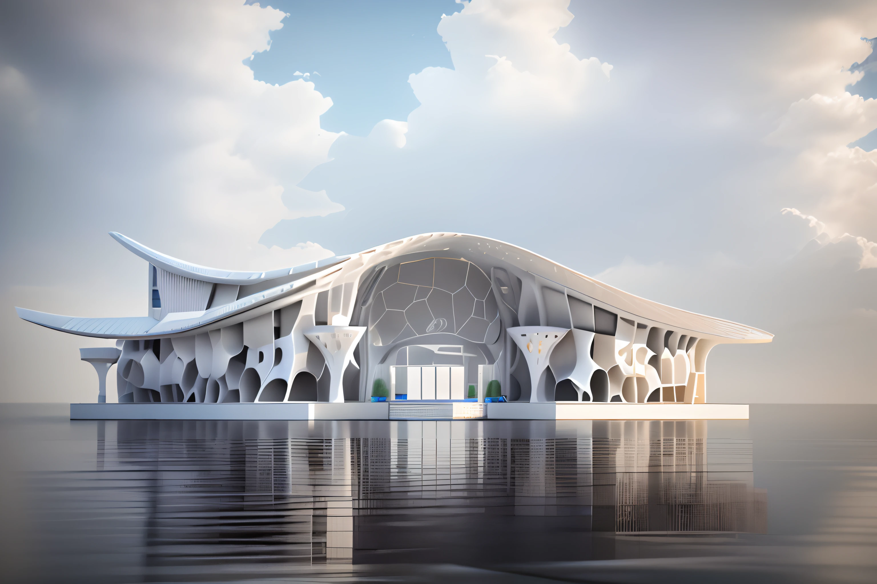 There is a white building,Curved roofs and long curved roofs, architectural concepts, architecture render, oc rendered, parametric structure, architectural model, Renders, section model, rendered 3d model, super scale rendered, architectural render, an extremely detailed building, the sideview. Highly detailed, pre-rendered, up front view, detailed render, high-detailed rendering