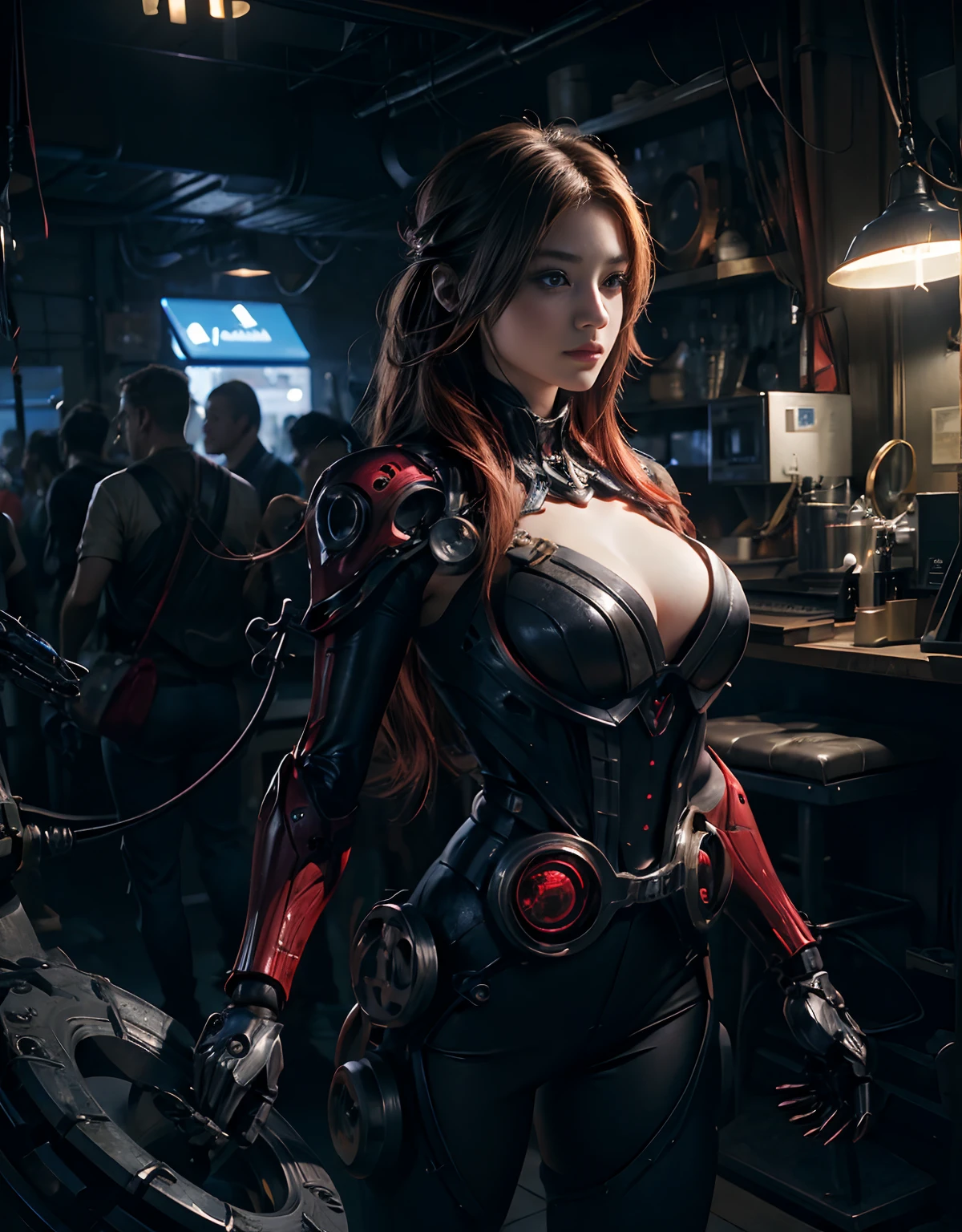 (1 mechanical girl)、qualidade superior、obra prima、超A high resolution、(Fotorrealista:1.4)、Foto RAW、1 、cabelos dourados、Pele brilhante、(((1 mechanical girl)))、Com uma bela faca、(Bodysuit de metal azul)、(Fight fiercely against aliens)、Lute ferozmente、(Fundo bonito da floresta)、(Fighting Demonic Beasts)、(LED pequeno)、((Detalhes super realistas))、portlate、(Strong background of the giant demonic beast),globaliluminação、Sombra、octan render、8k、ultrasharp、Seios colossais、Raw skin is exposed in cleavage、metal、Detalhes de ornamentos complexos、Japan Details、Detalhes altamente intrincados、luz realista、(mystical expression),CGSoation Trends、olhos vermelhos、Olhos Radiante、Facing the camera、Neon details、(mechanical limbs)、(Blood Vessels Attached to Tubes)、mechanical vertebrae attached to the back、mechanical cervical attaching to neck、(wires and cables connecting to the head)、Gundam、LED pequeno、,Mechanical thighs、Toostock、(Hands are also made of machines)、(Ataque das Bestas Monstruosas)、(Ferido em uma batalha mortal)、