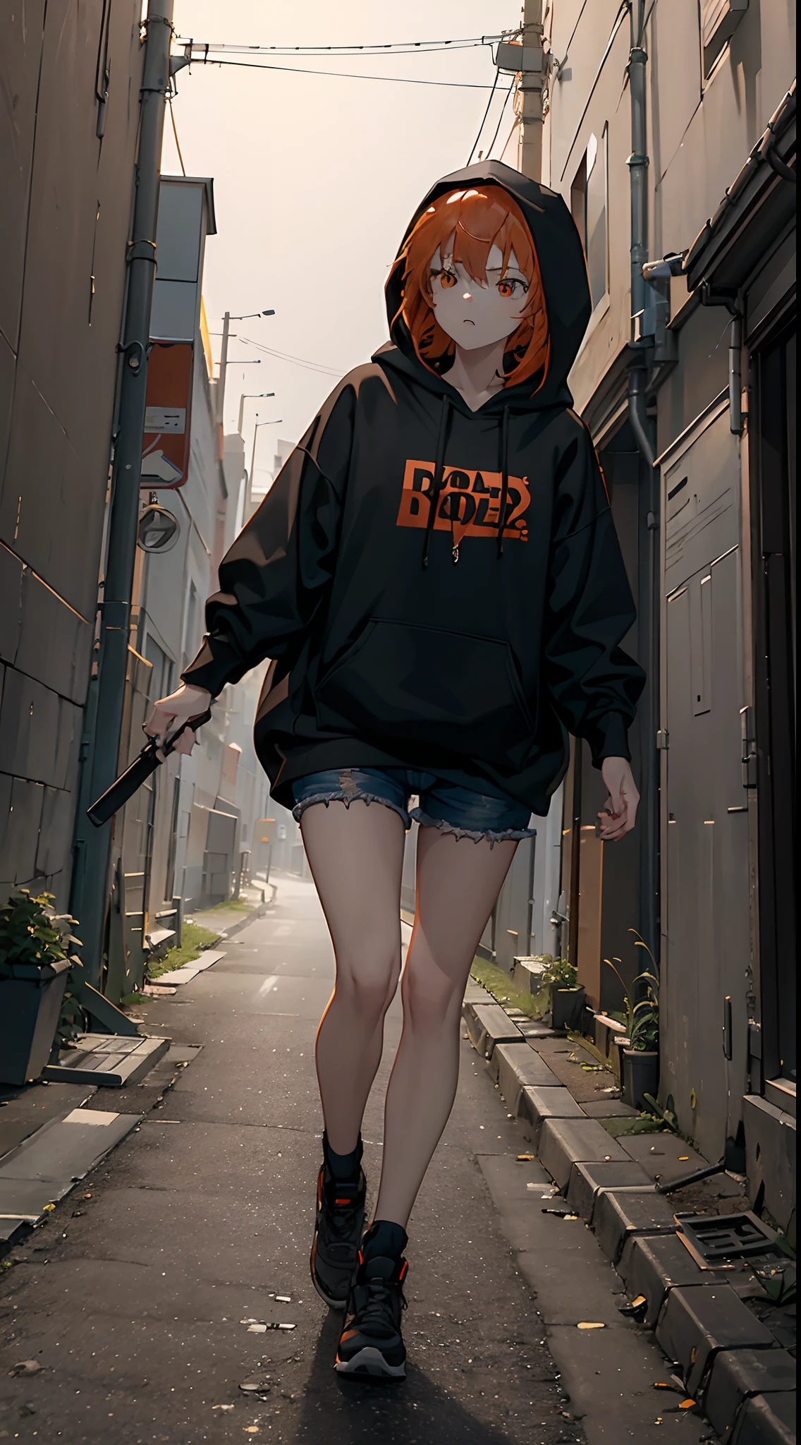 1 female 20 years old, medium orange hair, black hooded jacket, put on hood, hood up, black jean shorts, hand holding hunting knife, from the side, upper body, running, run forward, legs are running, dead end alley, late afternoon, extremely detailed, best graphics, 8k, ultrasharp, masterpiece