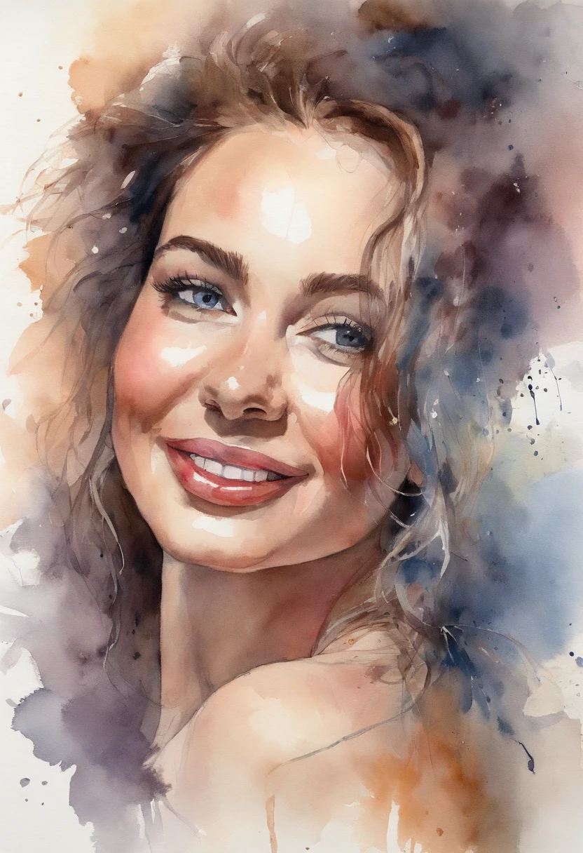 (high quality,realistic,vivid colors),(portrait,realism),(detailed eyes,detailed lips),(beautiful smile,happy expression),(25-year-old woman,curvy figure,looking downwards),(topless,white background)