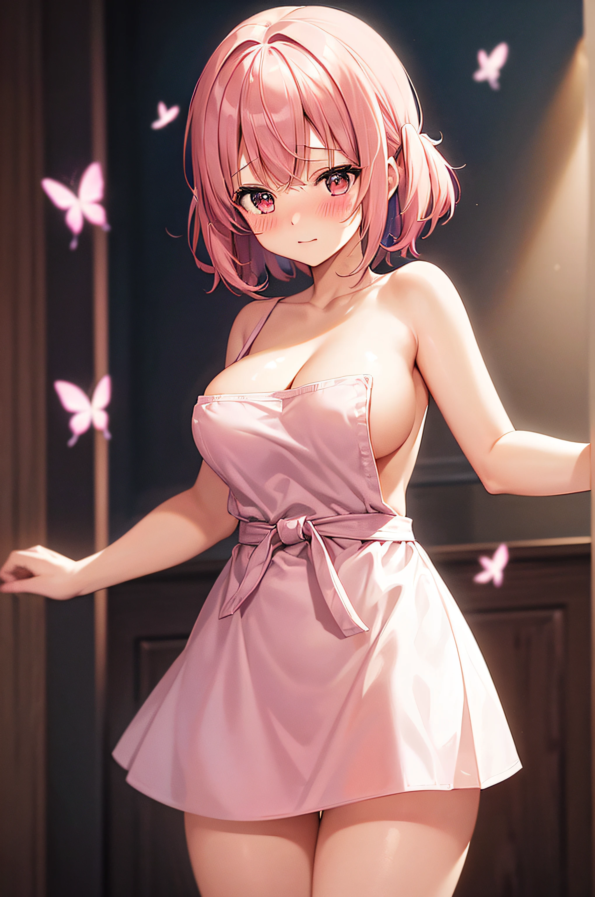 1girl, solo, nakano nino, pink hair, butterfly hair ornament, (naked:1.3), (white apron), large breasts, cleavage, thighs, cafe background, (blushing:1.3)