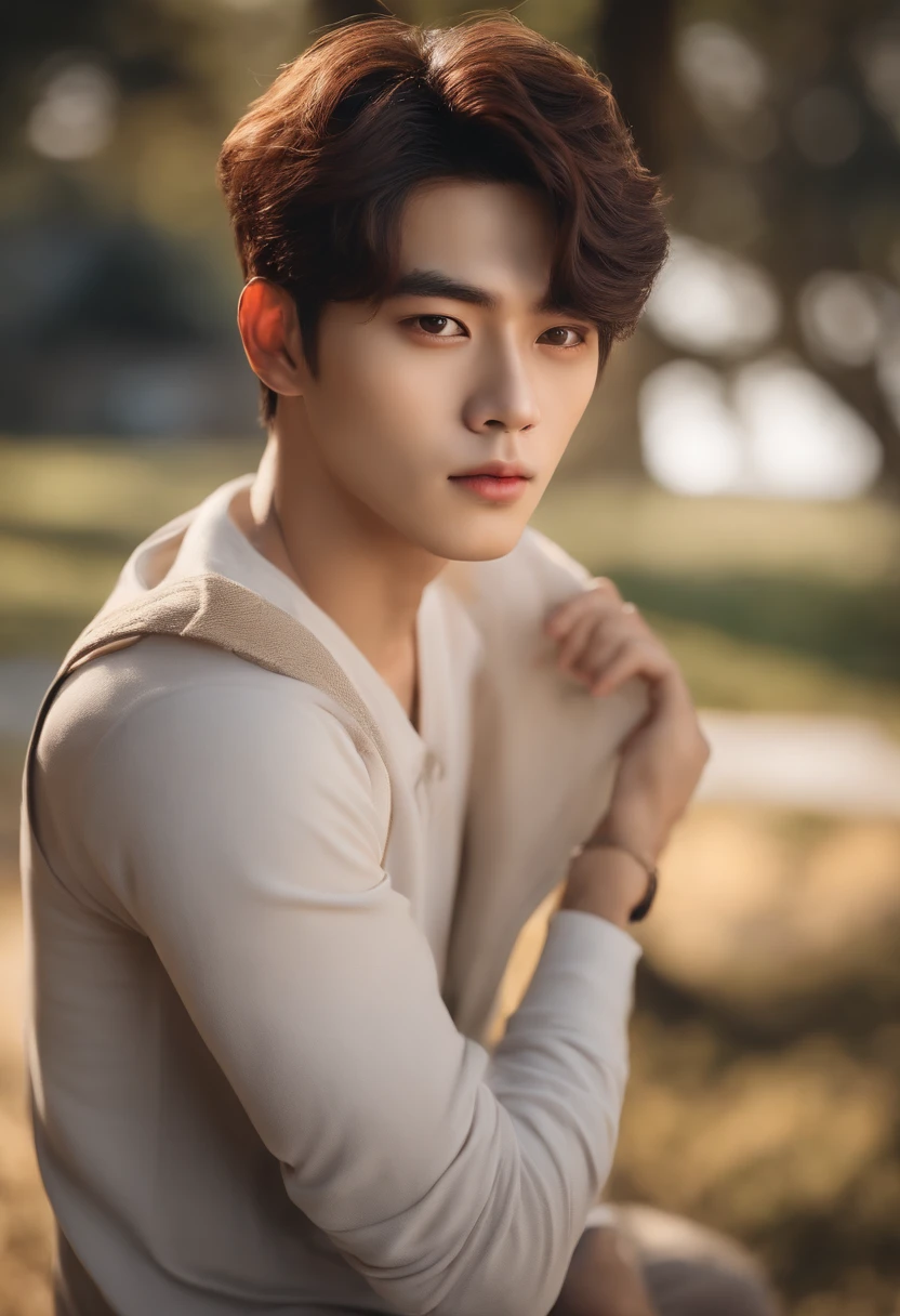 A pretty Asian man, 28 years old, has a gray eye color. Hyper-realistic picture. Fancy hairstyle with yellowed hair color. The portrait focuses on his face, with a close-up shot taken at 85mm. He is looking directly into the camera. The boy resembles Kim Taehyung and Cha Eun-Woo. The artwork is created using high-quality materials, such as oil painting or digital rendering. The image should have a realistic and photorealistic quality with ultra-detailed features. The lighting is well-balanced, highlighting the boy's facial structure and bringing out vivid colors in the artwork. The overall color tone should be warm and inviting.