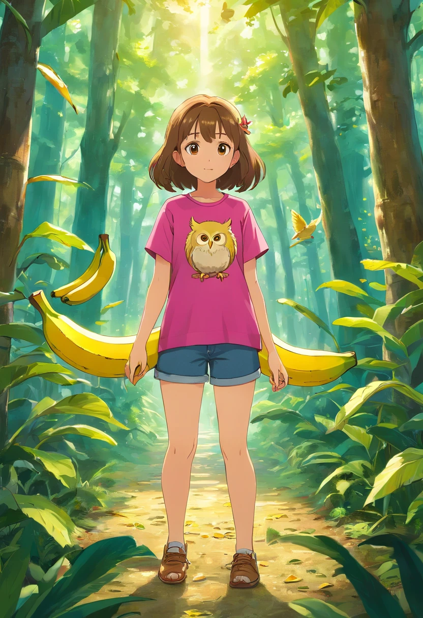 "Generate an incredibly detailed and vibrant image that vividly depicts the following scene:
- A young girl, approximately , with shoulder-length chestnut brown hair, wearing a bright pink t-shirt and denim shorts.
- The girl is standing in a sun-drenched forest clearing with lush, green surroundings.
- In her right hand, she is holding a fresh banana peel, with vibrant yellow skin and visible texture.
- The girl's gaze is fixed directly on an owl perched on a thick tree branch, about 5 meters away.
- The owl is a standard brown owl with a pristine white chest and strikingly sharp, golden eyes.
- The tree, a magnificent oak, boasts dark, textured bark and leaves that exhibit the richest shade of green.
- The lighting should be exceptionally warm and natural, with the sunlight filtering through the tree canopy, casting soft, captivating shadows on the forest floor.
- The girl's eyes should sparkle with curiosity and amazement, and her warm brown irises should be the centerpiece of her expression.
- The owl's eyes should gleam with alertness, reflecting a profound fascination with the banana peel.
- The banana peel in her hand should appear irresistibly appealing, with the brightest yellow hue and a realistic texture that mimics the real thing.
- The background should be a gorgeously blurred forest landscape, creating an enchanting sense of depth and immersion.
- Every color in the scene should be as vivid and lively as possible, creating a visually stunning and captivating composition.
- The overall atmosphere should radiate tranquility and warmth, capturing the pure magic of this unique forest encounter.
Please ensure that the image you generate is of the highest quality, paying meticulous attention to the finest details and textures. The girl, the owl, and the banana peel should stand out as the focal points of this incredibly vibrant and heartwarming scene."