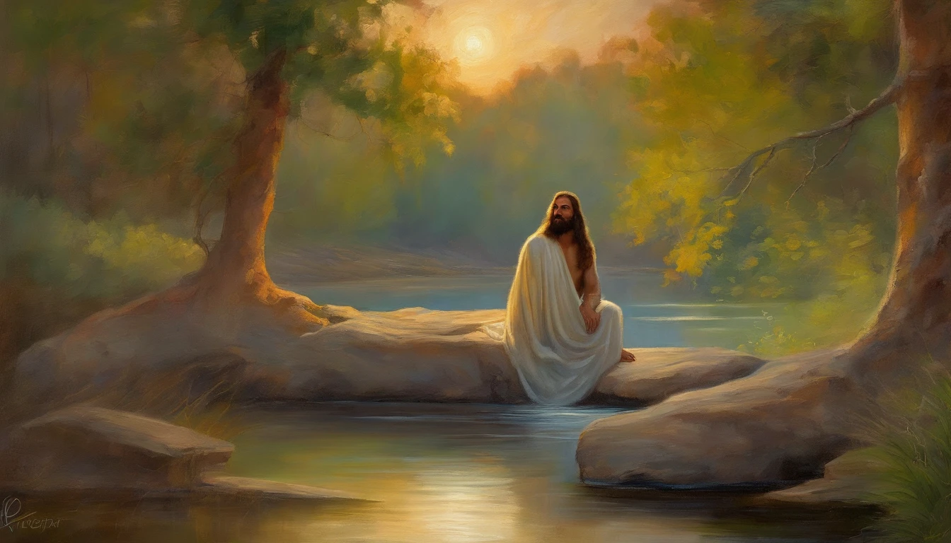 Jesus, A peaceful and serene outdoor scene of Jesus sitting on a rock by a tranquil lake surrounded by nature with a warm golden light shining down on him. His face is calm and meditative as he looks out towards the horizon. The colors are earthy and natural, with soft blues and greens for the water and sky. Atmosphere is serene and peaceful, perfect for meditation or introspection. Style: oil painting. Artists: Leonardo da Vinci, Michelangelo.
