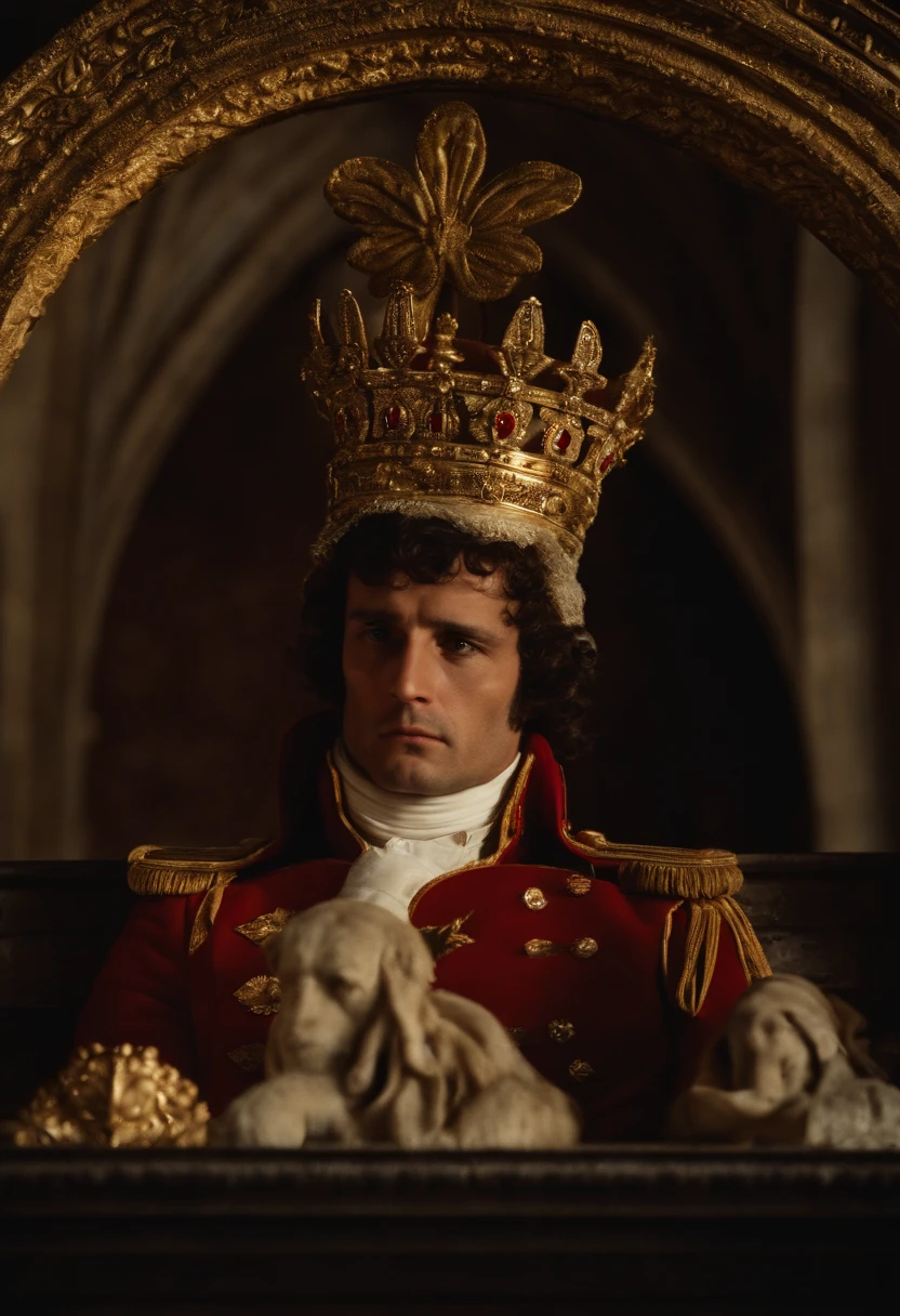 A Napoleon Bonaparte putting a crown on his head faces the conversation at Notre Dame, cinemactic