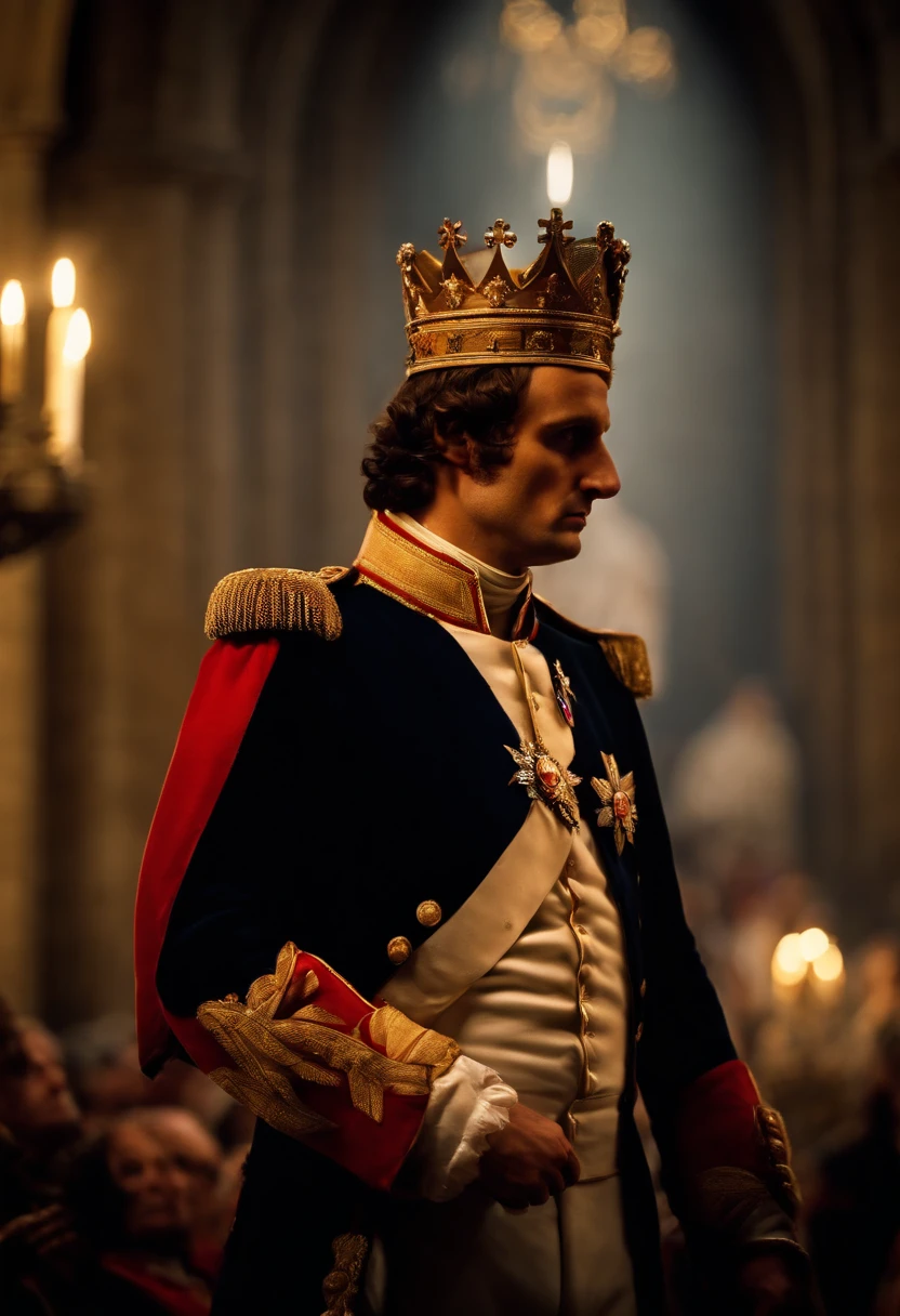 A Napoleon Bonaparte putting a crown on his head faces the conversation at Notre Dame, cinemactic