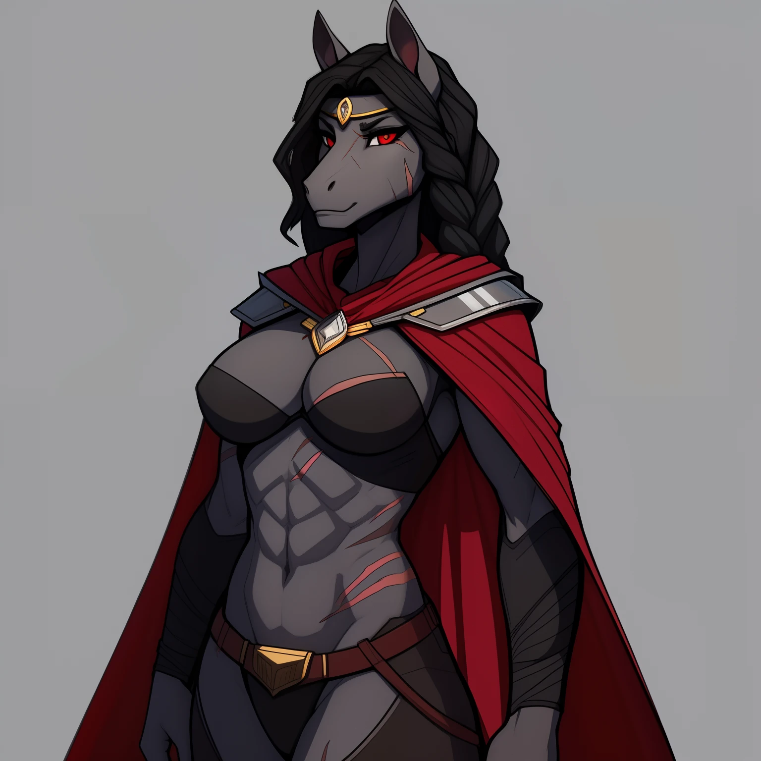 Lanky_muscular_mature_horse female black_hair short_braided_wavy_hair charcoal_gray_furry_body red_eyes slit_pupils scars heavy_plate_armor thick_circlet red_fur_cape solo Masterpiece best_quality absurdres highly_detailed cleanly_drawn_eyes anthro_only by_claweddrip, by_greasymojo, by_underscore-b, by_runawaystride