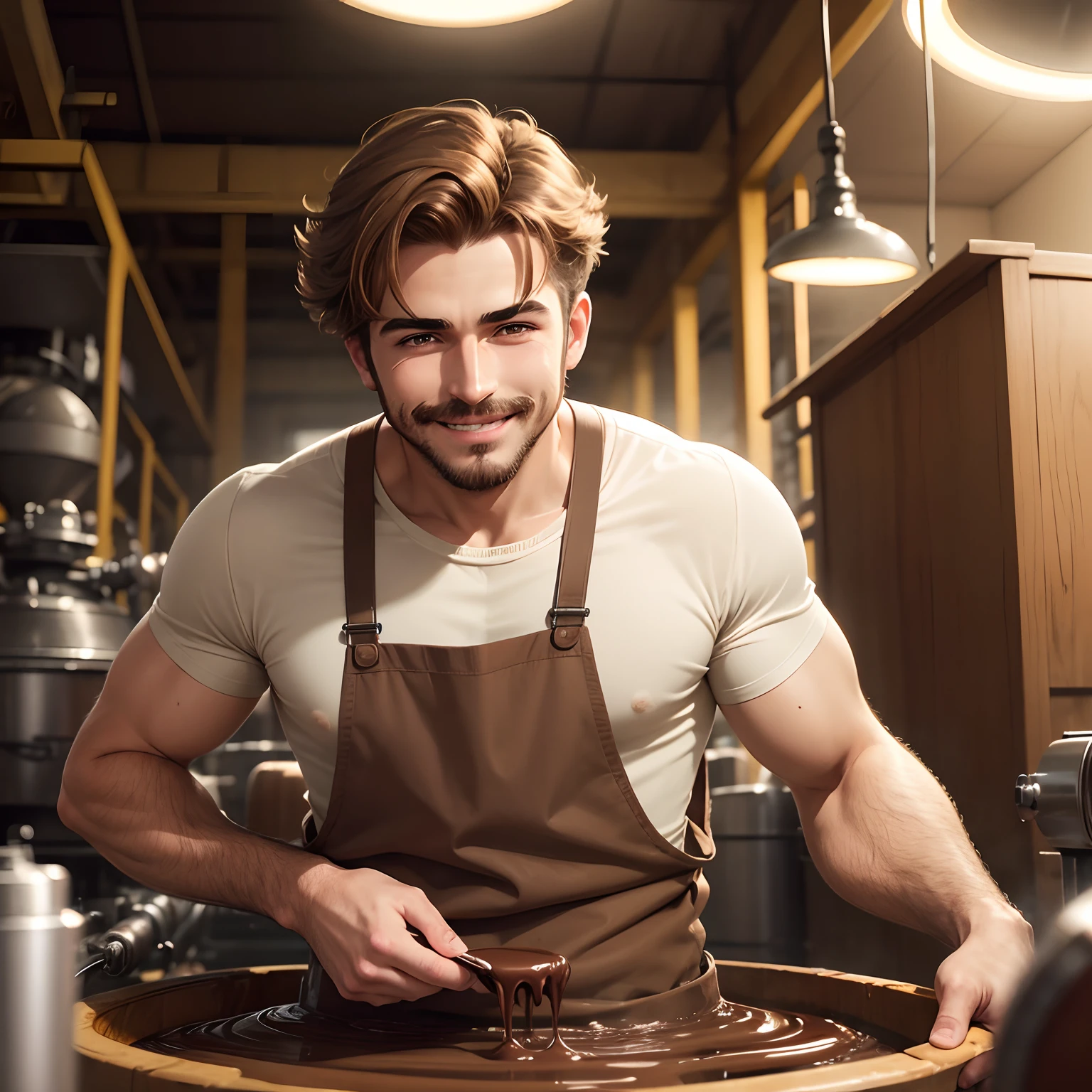 Light brown-haired man in a chocolate factory, operating a machine, tem olhos verdes, is smiling, tem bigode, cerca de 24 anos, camisa branca, , anime, animacao realista