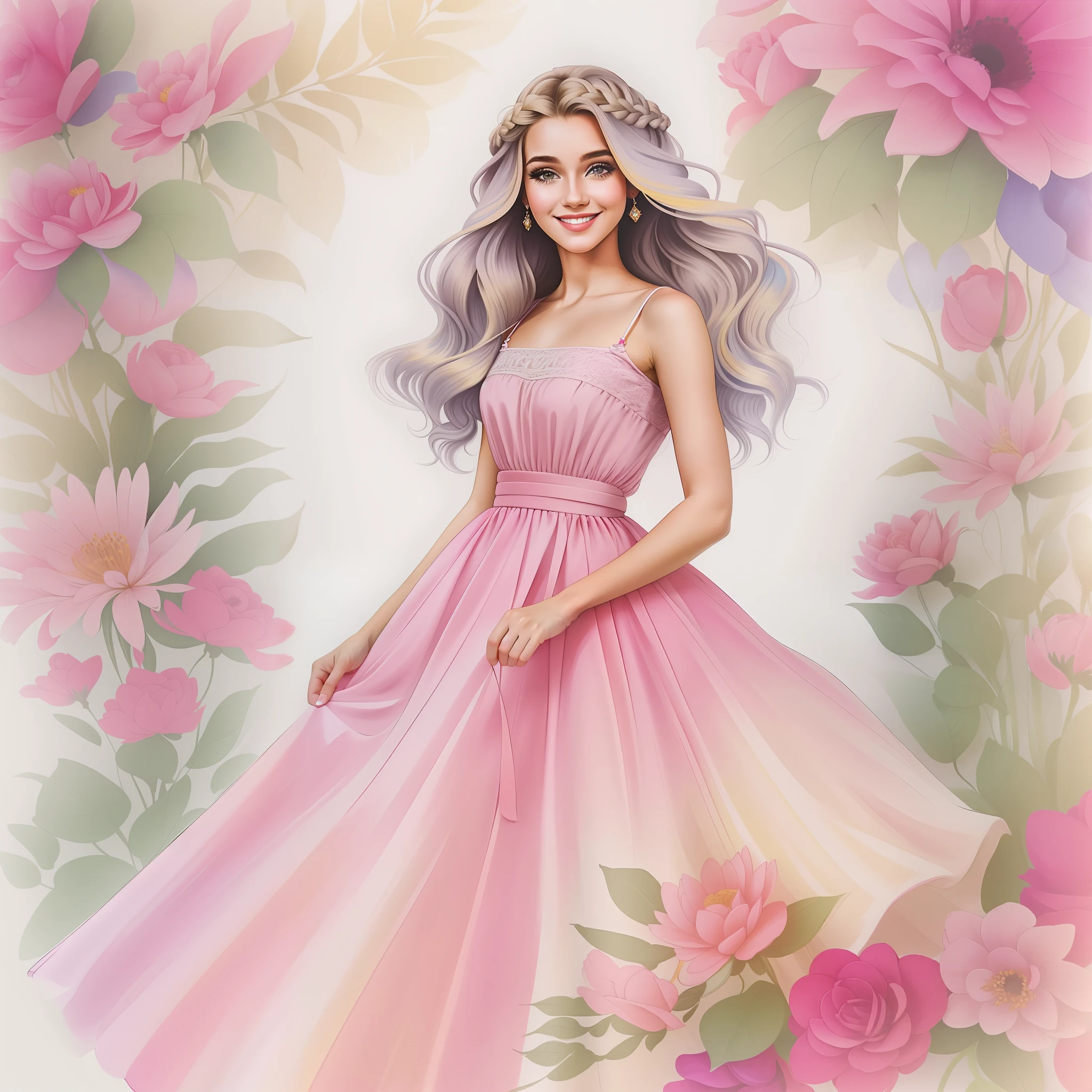 um desenho de uma mulher sorrindo com longos cabelos amarelos e uma camisola cor-de-rosa, long braided blonde hair, cabelo longo loiro, Estilo de desenho bonito, cabelo de camomila, cabelo amarelo, estilo de arte impressionante, cabelo longo loiro, girl with plaits, retrato do cabelo loiro da mulher, cabelo loiro, cabelo loiro, longos cabelos loiros claros, detailed fashion illustration, cor amarelo, ela tem cabelo loiro