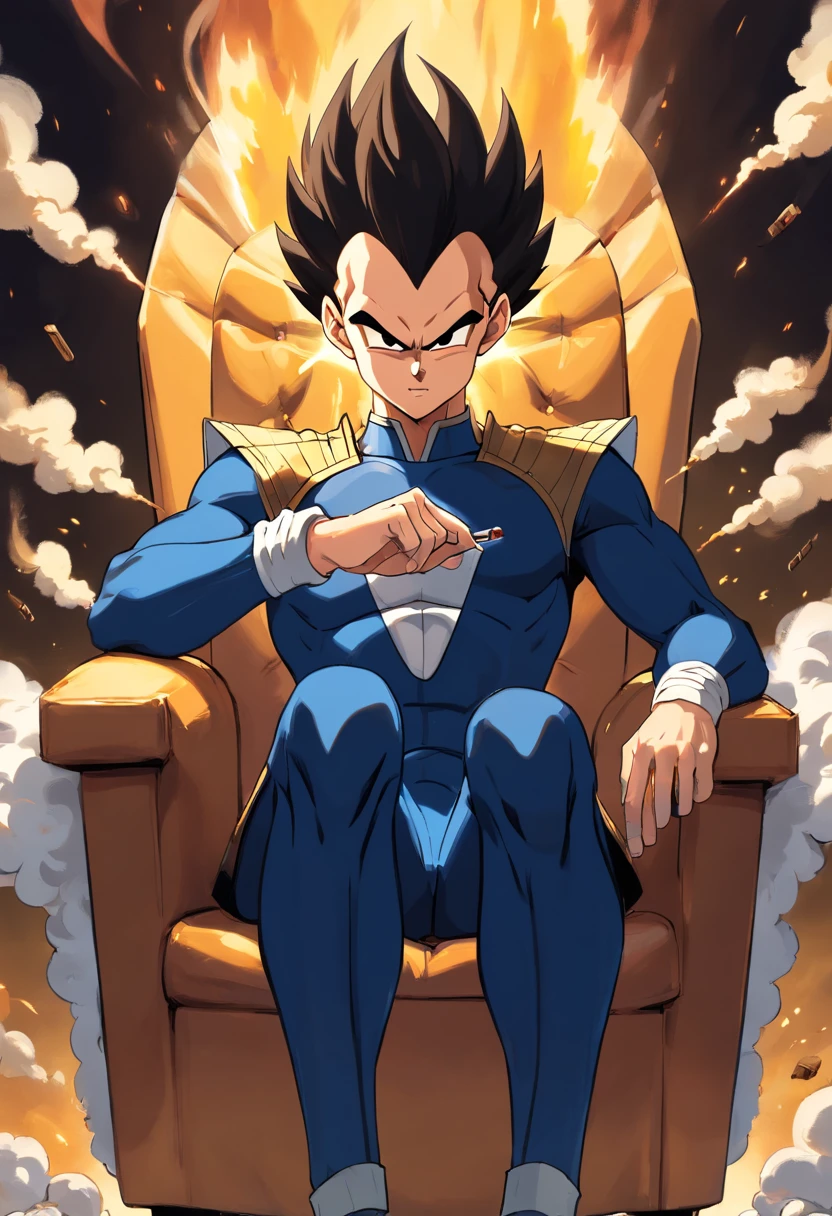 Vegeta usando um terno preto com um cigarro na boca, sitting in a chair that highlights your power and influence, Masculino, Dragon Ball