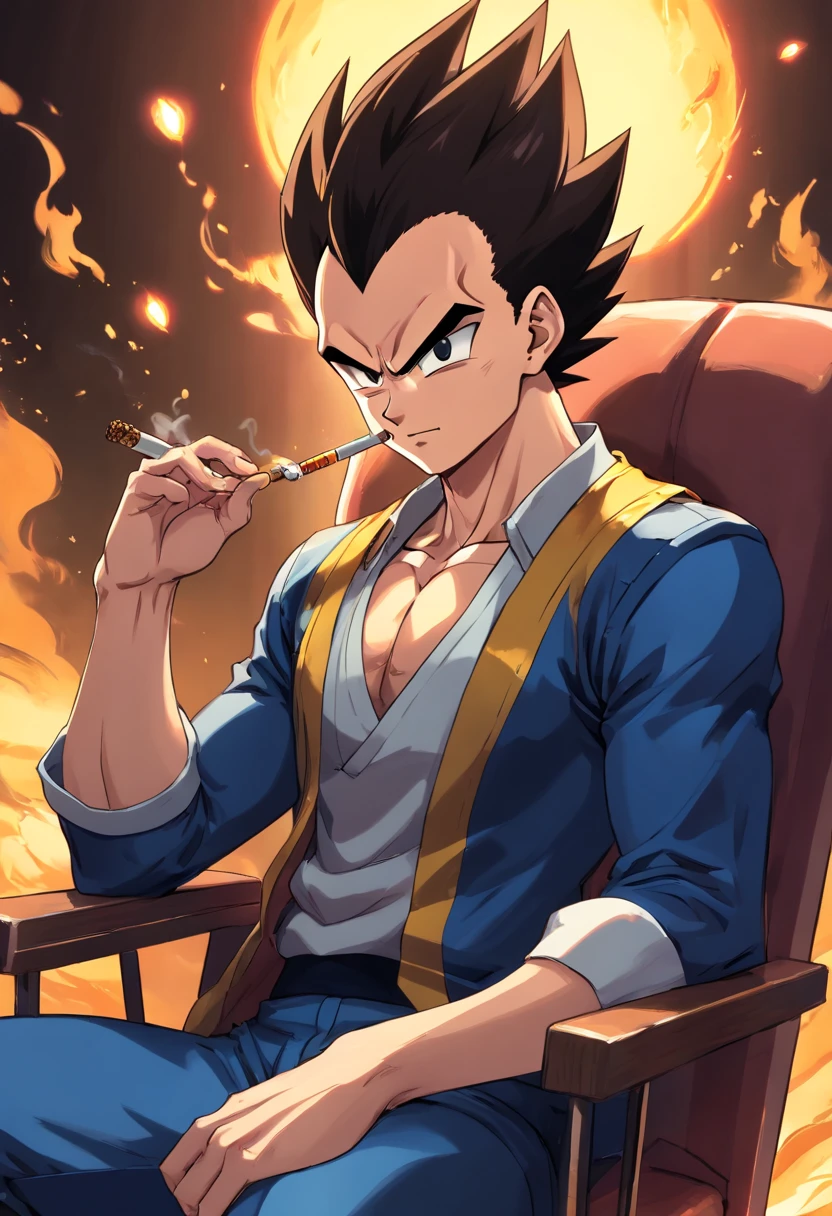 Vegeta usando um terno preto com um cigarro na boca, sitting in a chair that highlights your power and influence, Masculino, Dragon Ball