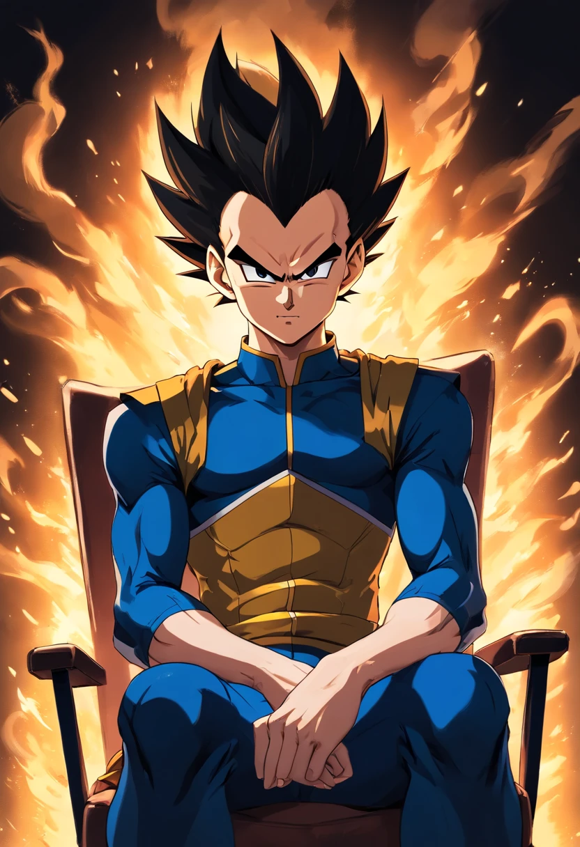 Vegeta usando um terno preto com um cigarro na boca, sitting in a chair that highlights your power and influence, Masculino, Dragon Ball