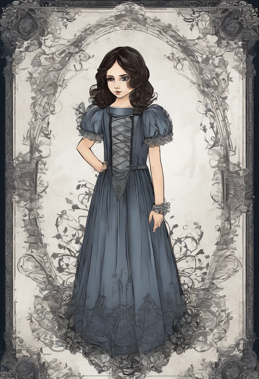 A six-year-old girl with dark brown hair and light brown eyes wearing a vintage gray-blue dress