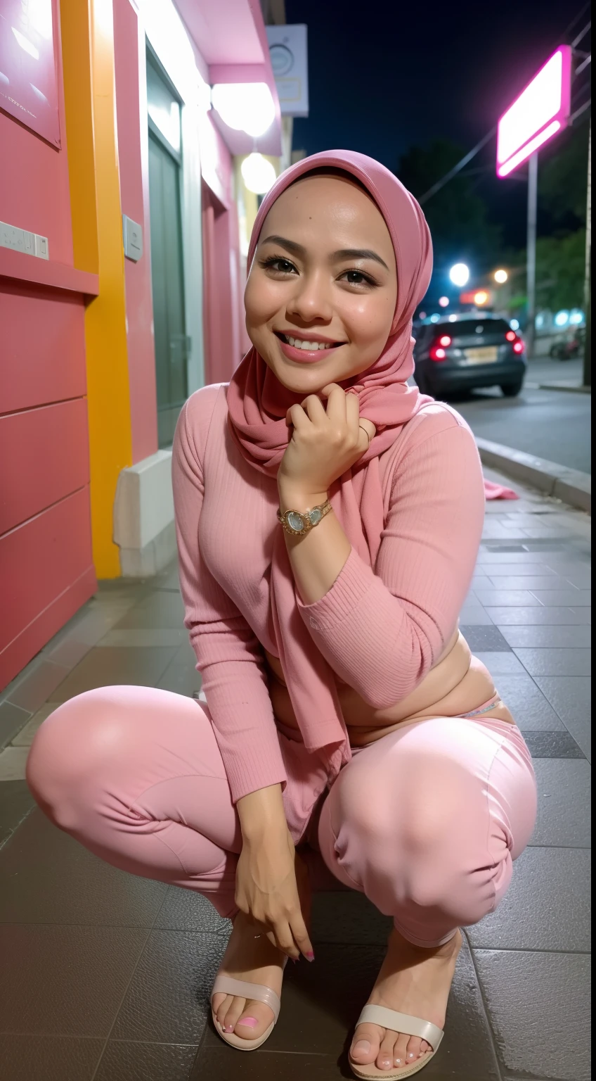 Malay girl in hijab squat and laughing, squatting, open both leg, wearing pastel pink panties in nighttime city, (mira filzah:1.3), wearing hijab, pastel color hijab, pink , small tits, small breast, flat chest, bright lighting,