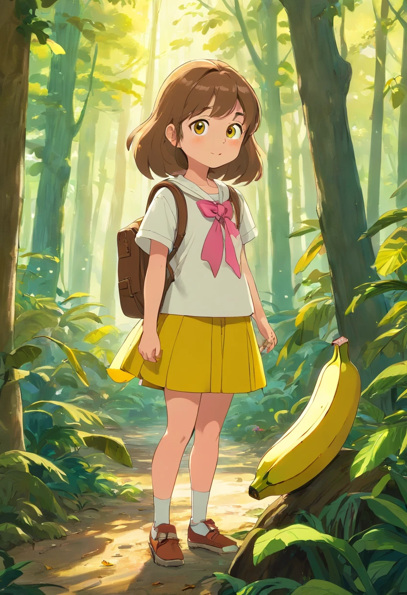 Certainly, here's a more specific and vibrant description:

"Generate an incredibly detailed and vibrant image that vividly depicts the following scene:

- A young girl, approximately 8 , with shoulder-length chestnut brown hair, wearing a bright pink t-shirt and denim shorts.
- The girl is standing in a sun-drenched forest clearing with lush, green surroundings.
- In her right hand, she is holding a fresh banana peel, with vibrant yellow skin and visible texture.
- The girl's gaze is fixed directly on an owl perched on a thick tree branch, about 5 meters away.
- The owl is a standard brown owl with a pristine white chest and strikingly sharp, golden eyes.
- The tree, a magnificent oak, boasts dark, textured bark and leaves that exhibit the richest shade of green.
- The lighting should be exceptionally warm and natural, with the sunlight filtering through the tree canopy, casting soft, captivating shadows on the forest floor.
- The girl's eyes should sparkle with curiosity and amazement, and her warm brown irises should be the centerpiece of her expression.
- The owl's eyes should gleam with alertness, reflecting a profound fascination with the banana peel.
- The banana peel in her hand should appear irresistibly appealing, with the brightest yellow hue and a realistic texture that mimics the real thing.
- The background should be a gorgeously blurred forest landscape, creating an enchanting sense of depth and immersion.
- Every color in the scene should be as vivid and lively as possible, creating a visually stunning and captivating composition.
- The overall atmosphere should radiate tranquility and warmth, capturing the pure magic of this unique forest encounter.

Please ensure that the image you generate is of the highest quality, paying meticulous attention to the finest details and textures. The girl, the owl, and the banana peel should stand out as the focal points of this incredibly vibrant and heartwarming scene."