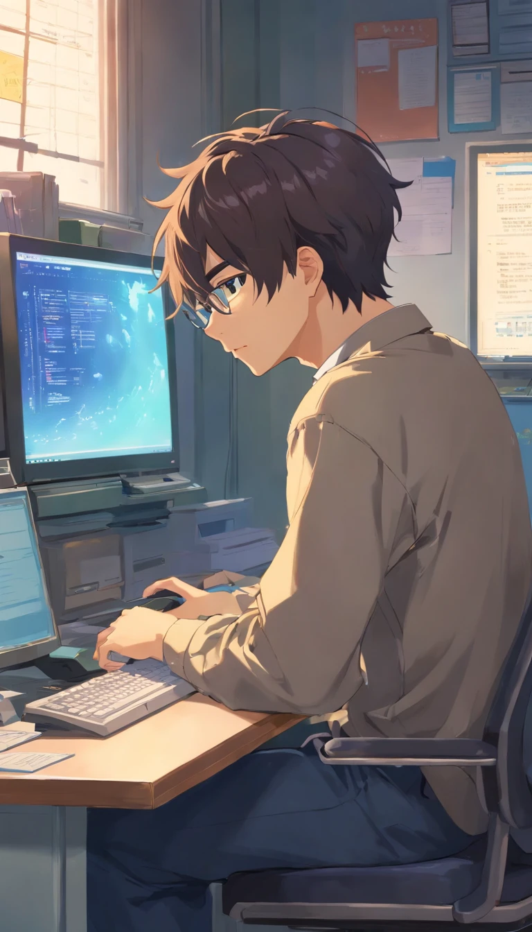 1 Man sitting in front of a computer typing，Face away from the camera，The background is the office of a lot of people , Shirt, trousers, overalls