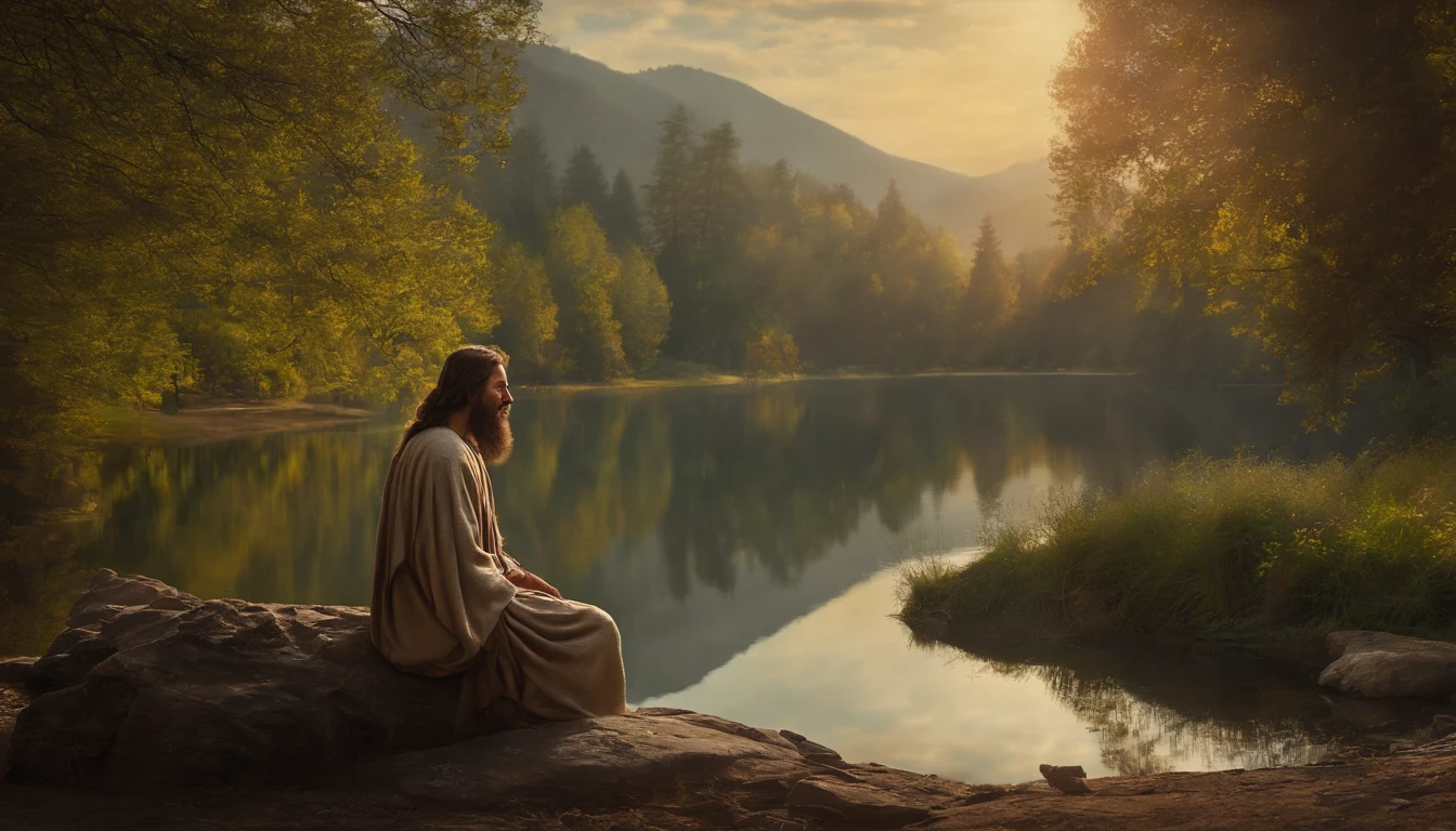 Jesus, A peaceful and serene outdoor scene of Jesus sitting on a rock by a tranquil lake surrounded by nature with a warm golden light shining down on him. His face is calm and meditative as he looks out towards the horizon. The colors are earthy and natural, with soft blues and greens for the water and sky. Atmosphere is serene and peaceful, perfect for meditation or introspection. Style: oil painting. Artists: Leonardo da Vinci, Michelangelo.