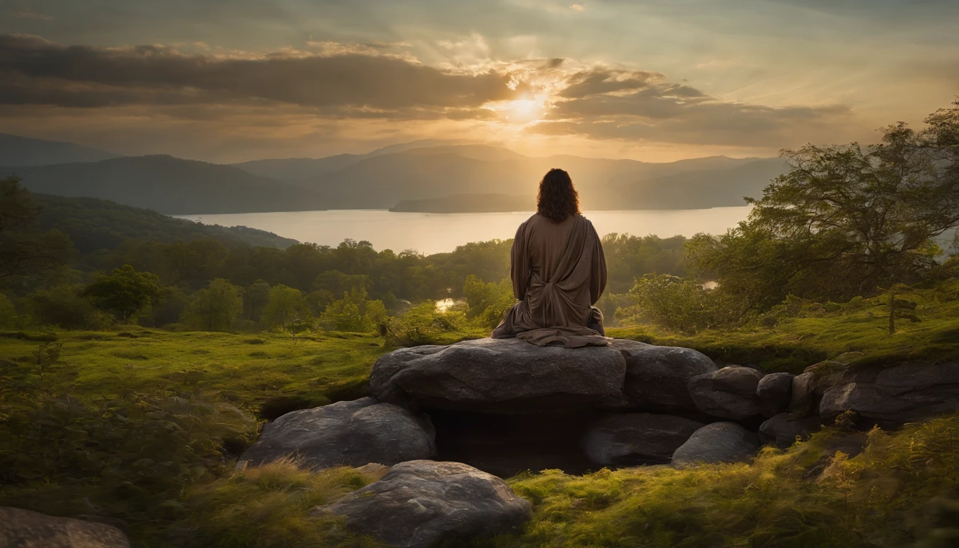 Jesus, A peaceful and serene outdoor scene of Jesus sitting on a rock by a tranquil lake surrounded by nature with a warm golden light shining down on him. His face is calm and meditative as he looks out towards the horizon. The colors are earthy and natural, with soft blues and greens for the water and sky. Atmosphere is serene and peaceful, perfect for meditation or introspection. Style: oil painting. Artists: Leonardo da Vinci, Michelangelo.