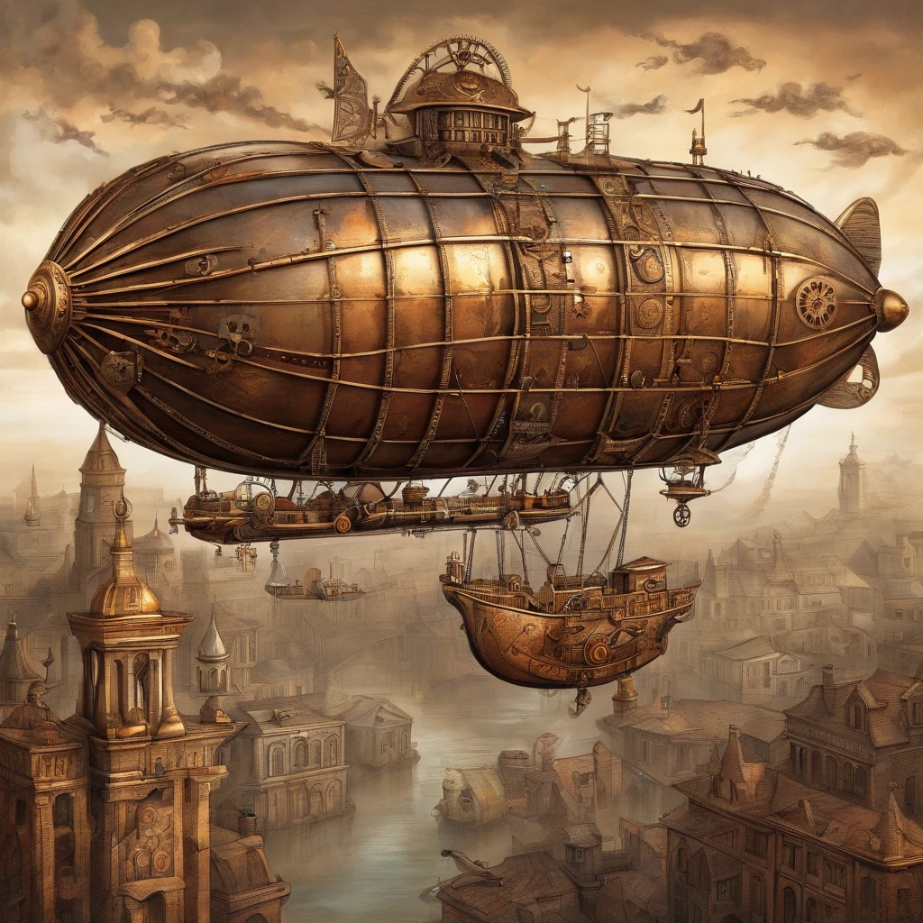 airship flying Over steampunk city, steam, ultra detailed