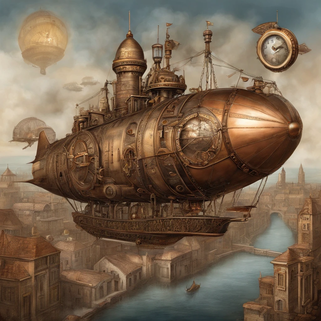airship flying Over steampunk city, steam, ultra detailed