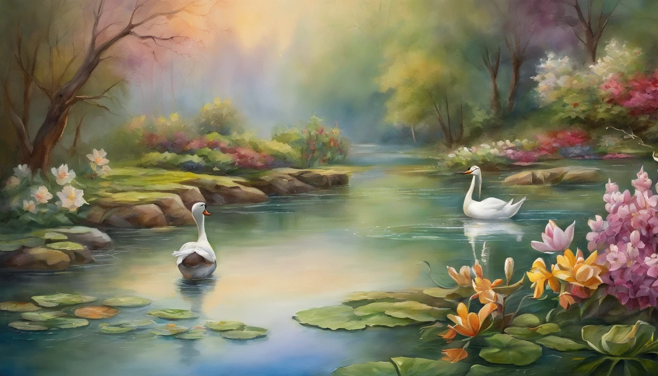 Ducks and swans are swimming in a peaceful pond. Lotus flowers are blooming in the pond. Deer are drinking water by the pond. Inspired by Thomas Kinkade, flowers are blooming alongside the pond.