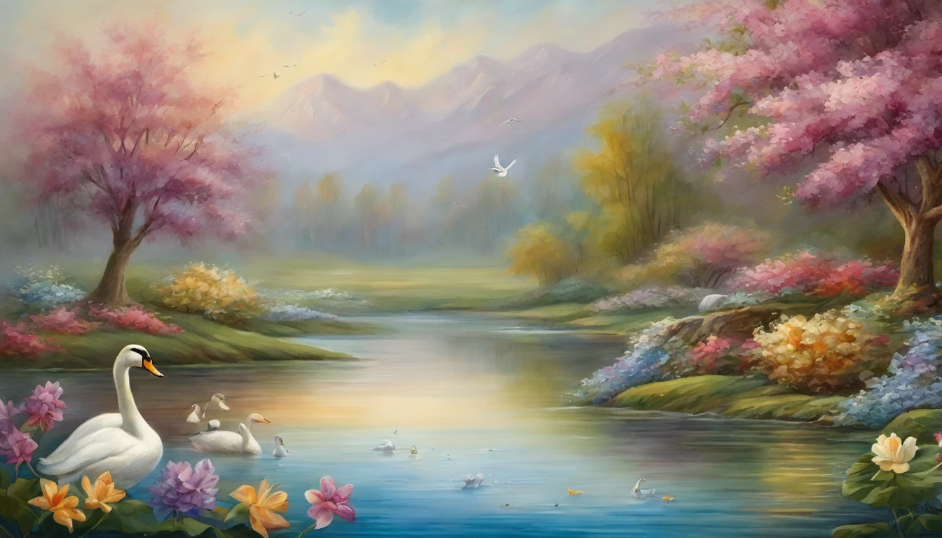 Ducks and swans are swimming in a peaceful pond. Lotus flowers are blooming in the pond. Deer are drinking water by the pond. Inspired by Thomas Kinkade, flowers are blooming alongside the pond.