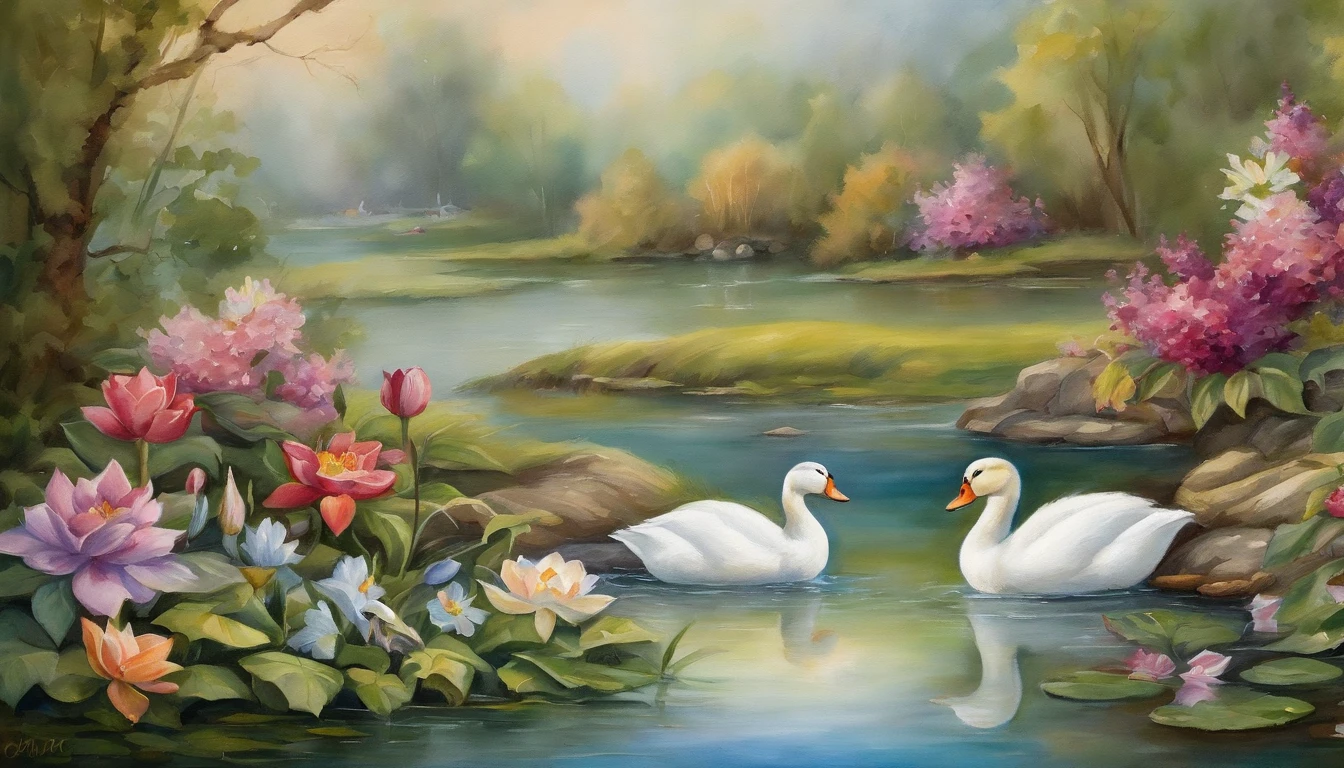 Ducks and swans are swimming in a peaceful pond. Lotus flowers are blooming in the pond. Deer are drinking water by the pond. Inspired by Thomas Kinkade, flowers are blooming alongside the pond.