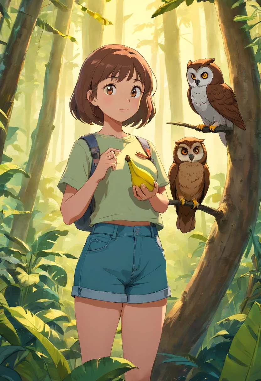 Certamente, Let's make the prompt even more specific: "Gere uma imagem altamente detalhada e realista que retrate a seguinte cena: - Uma jovem, aproximadamente 8 anos, com cabelos castanhos na altura dos ombros, vestindo uma camiseta rosa e shorts jeans. - The Girl Is Standing in a Lush, clareira florestal iluminada pelo sol. "She's holding a banana peel in her right hand and she's looking straight at an owl.. - A coruja, a standard brown owl with a white breast, is perched on a thick tree branch approximately 5 feet away from the girl. - The tree itself is a dark oak, casca texturizada e folhas verdes vibrantes. - Lighting should be warm and natural, with dim sunlight filtering through the treetops, creating soft shadows on the forest floor. - The girl's expression should convey curiosity and admiration, and his brown eyes should be clearly visible. - Os olhos da coruja devem estar afiados e atentos, refletindo a intriga da casca de banana. - A casca de banana deve aparecer parcialmente consumida, with visible tooth marks and a texture reminiscent of a real banana peel. - O fundo deve ser uma paisagem de floresta borrada, creating a sense of depth and immersion. - O ambiente geral deve ser tranquilo e convidativo, capturando a magia de um encontro na floresta. Make sure the image is of high quality, with attention to fine detail and realistic textures. A menina e a coruja devem ser os pontos focais da cena, and their interaction should be the central theme of the image."