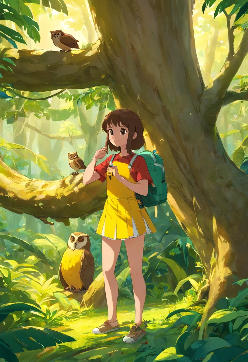 Certamente, Let's make the prompt even more specific: "Gere uma imagem altamente detalhada e realista que retrate a seguinte cena: - Uma jovem, aproximadamente 8 anos, com cabelos castanhos na altura dos ombros, vestindo uma camiseta rosa e shorts jeans. - The Girl Is Standing in a Lush, clareira florestal iluminada pelo sol. "She's holding a banana peel in her right hand and she's looking straight at an owl.. - A coruja, a standard brown owl with a white breast, is perched on a thick tree branch approximately 5 feet away from the girl. - The tree itself is a dark oak, casca texturizada e folhas verdes vibrantes. - Lighting should be warm and natural, with dim sunlight filtering through the treetops, creating soft shadows on the forest floor. - The girl's expression should convey curiosity and admiration, and his brown eyes should be clearly visible. - Os olhos da coruja devem estar afiados e atentos, refletindo a intriga da casca de banana. - A casca de banana deve aparecer parcialmente consumida, with visible tooth marks and a texture reminiscent of a real banana peel. - O fundo deve ser uma paisagem de floresta borrada, creating a sense of depth and immersion. - O ambiente geral deve ser tranquilo e convidativo, capturando a magia de um encontro na floresta. Make sure the image is of high quality, with attention to fine detail and realistic textures. A menina e a coruja devem ser os pontos focais da cena, and their interaction should be the central theme of the image."