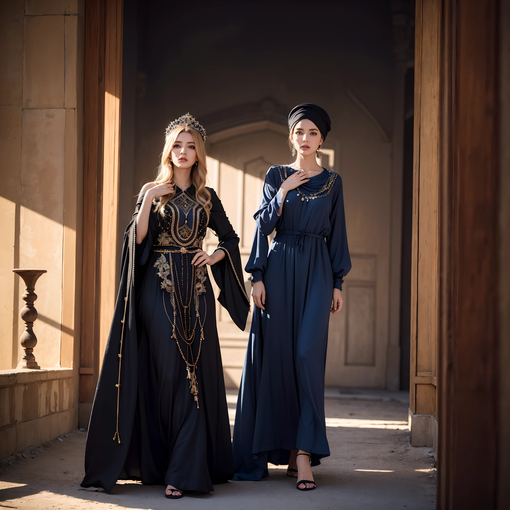 Best quality, Masterpiece, ultra highres, (photoreallistic:1.4), Photo brute, 1fille, cheveux blonds, yeux bleus, Detailed eyes and face, costume noir, dinamic lighting, Dans le noir, ombre profonde, Wear a respectable Moroccan caftan different types of design colors full caftan outfit Islamic body cover caftan portrait zoom outfit caftan red full blue