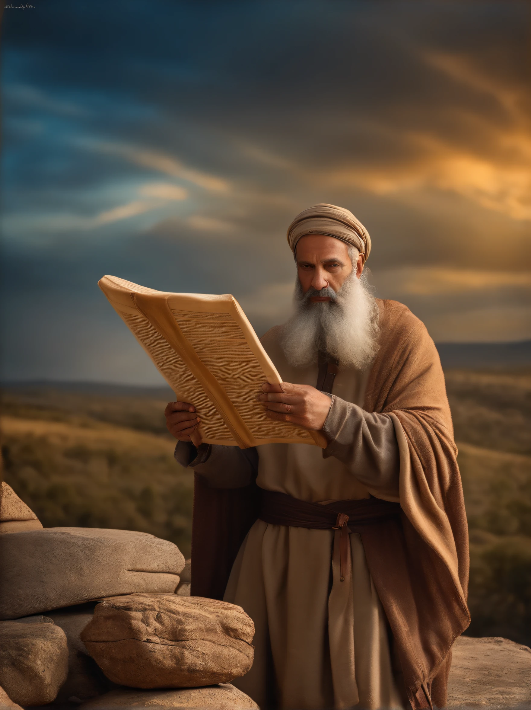 (Biblical times) On the left is jeremiah (personagem biblico) Povos judeus,Holding a scroll in hand, tem a aparencia sofrida, His gaze is charged with hope, is looking to the right of the image, profundidade de campos, Bokeh, Realismo de Hentail, fotorrealista, realismo ultrarrealista, Fotografado profissional, 8K UHD , Digital SLR, HDR , Primary tablet, melhor qualidade, filme granular, pinturas fotorrealistas, Fujifilm XT3