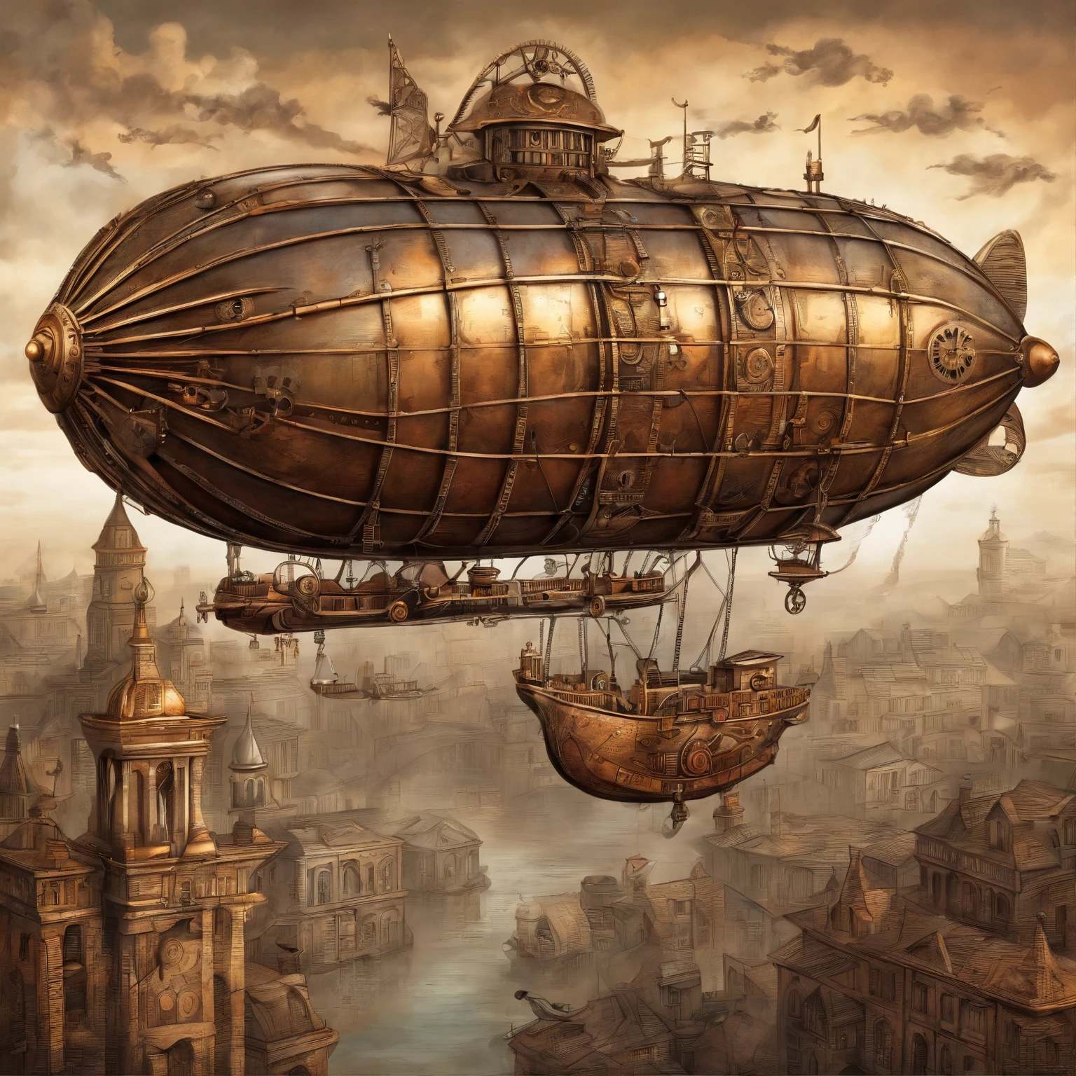 airship flying Over steampunk city, steam, ultra detailed