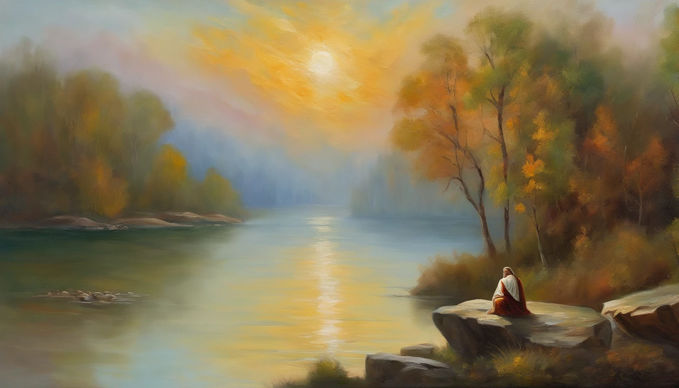 Jesus, A peaceful and serene outdoor scene of Jesus sitting on a rock by a tranquil lake surrounded by nature with a warm golden light shining down on him. His face is calm and meditative as he looks out towards the horizon. The colors are earthy and natural, with soft blues and greens for the water and sky. Atmosphere is serene and peaceful, perfect for meditation or introspection. Style: oil painting. Artists: Leonardo da Vinci, Michelangelo.