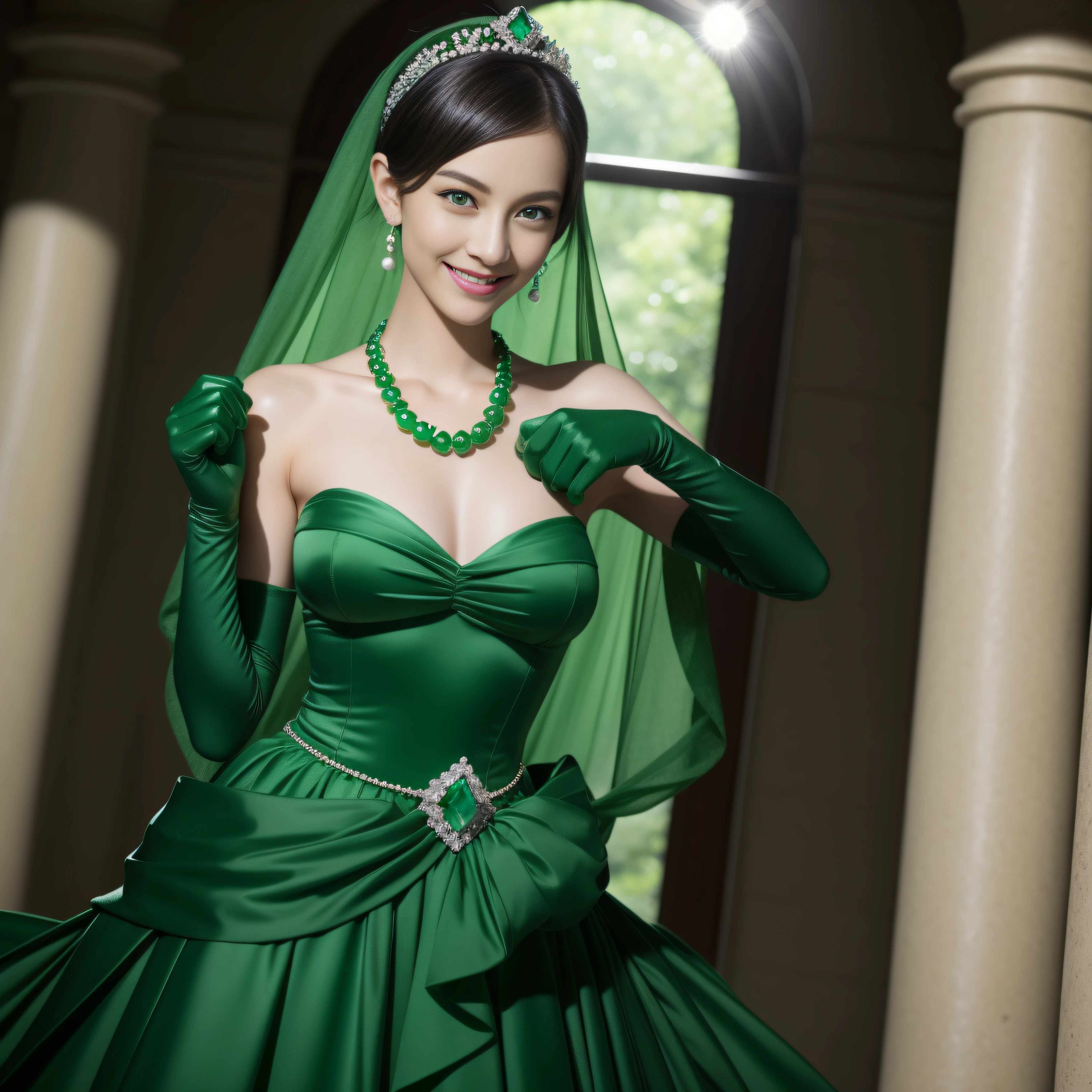 emerald tiara, Green Pearl Necklace, Boyish very short green hair, lipsticks, Japan woman smiling, very short short hair, fist, big breasts beautiful, Green eyes, Long green gloves made of satin material, Green eyes, Emerald Earrings