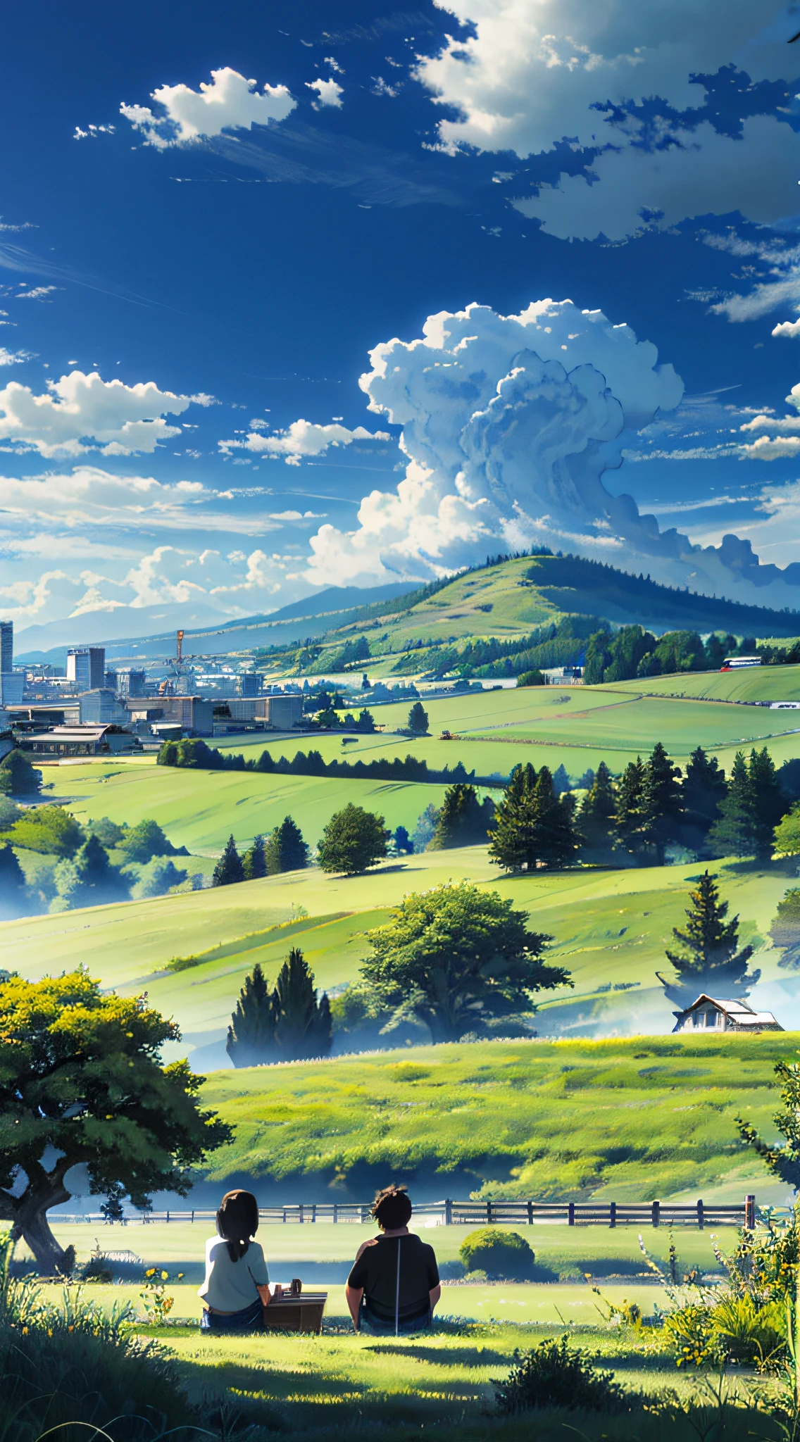 Vast and majestic skyline、The big sky occupies two-thirds of the photo、Girls and boys in casual clothes sitting side by side in the meadow、There is a deserted Japan city in the distance