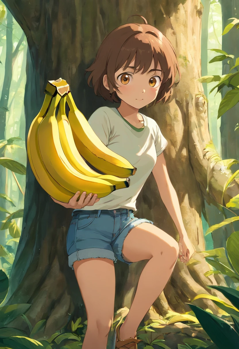 (Banana Tree: 1.4), Solo: 1.4, Lush tropical setting, Sunlight filtering through leaves, Ripe bananas, Monkey swinging from tree,(Tropical paradise: 1.2), Exotic flowers, Blue sky, Foliage, (Monkey face: 1.4), Playful expression, Banana leaves as texture, (Detailed: 1.2), (Realistic: 1.2), Ultra-high definition: 1.4, Hyper-realistic, (Banana peel texture: 1.2), Soft light, (Verdant: 1.4), (Fert