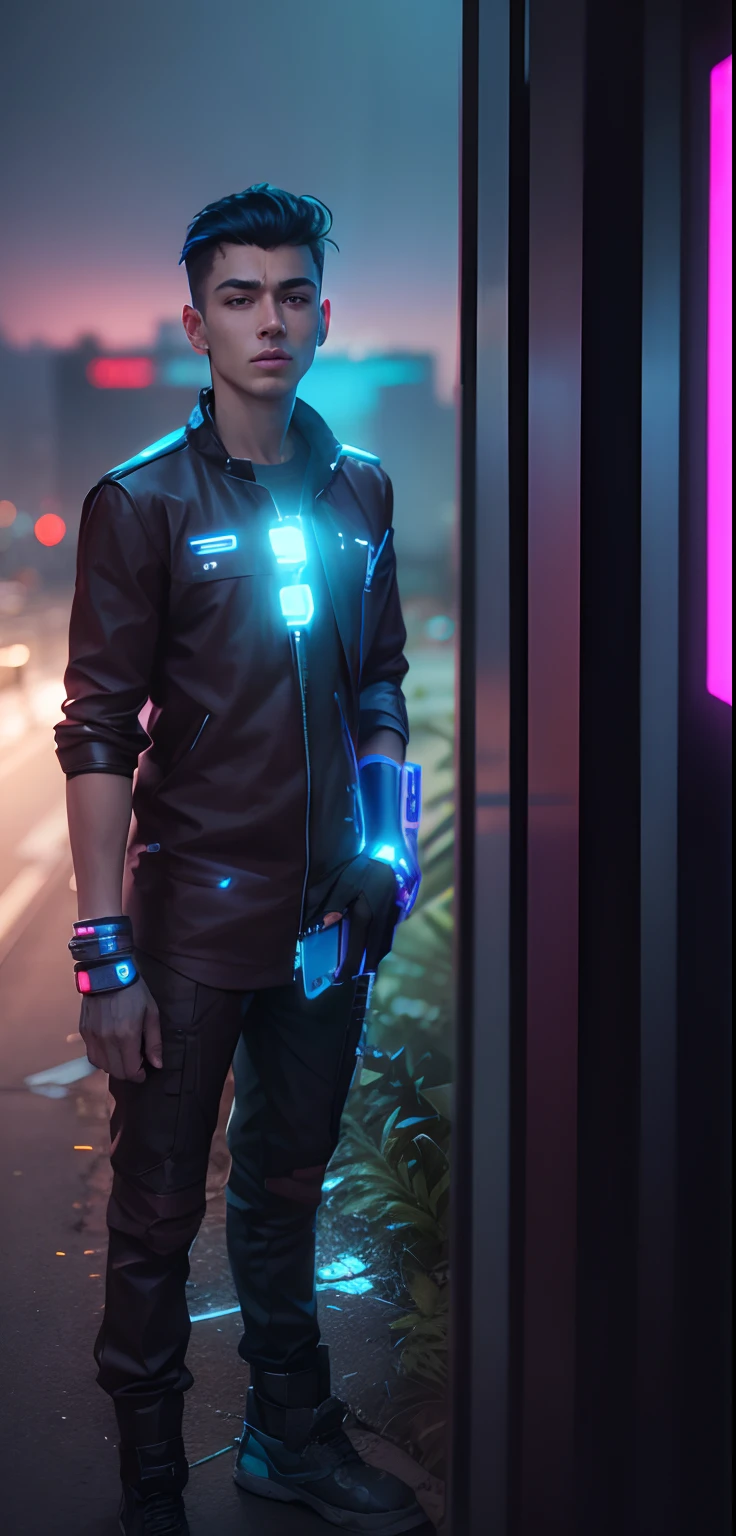 Change dress, cyberpunk handsome boy,do not change face, 8k, ultra realistic, weather is natural, handsome cool boy